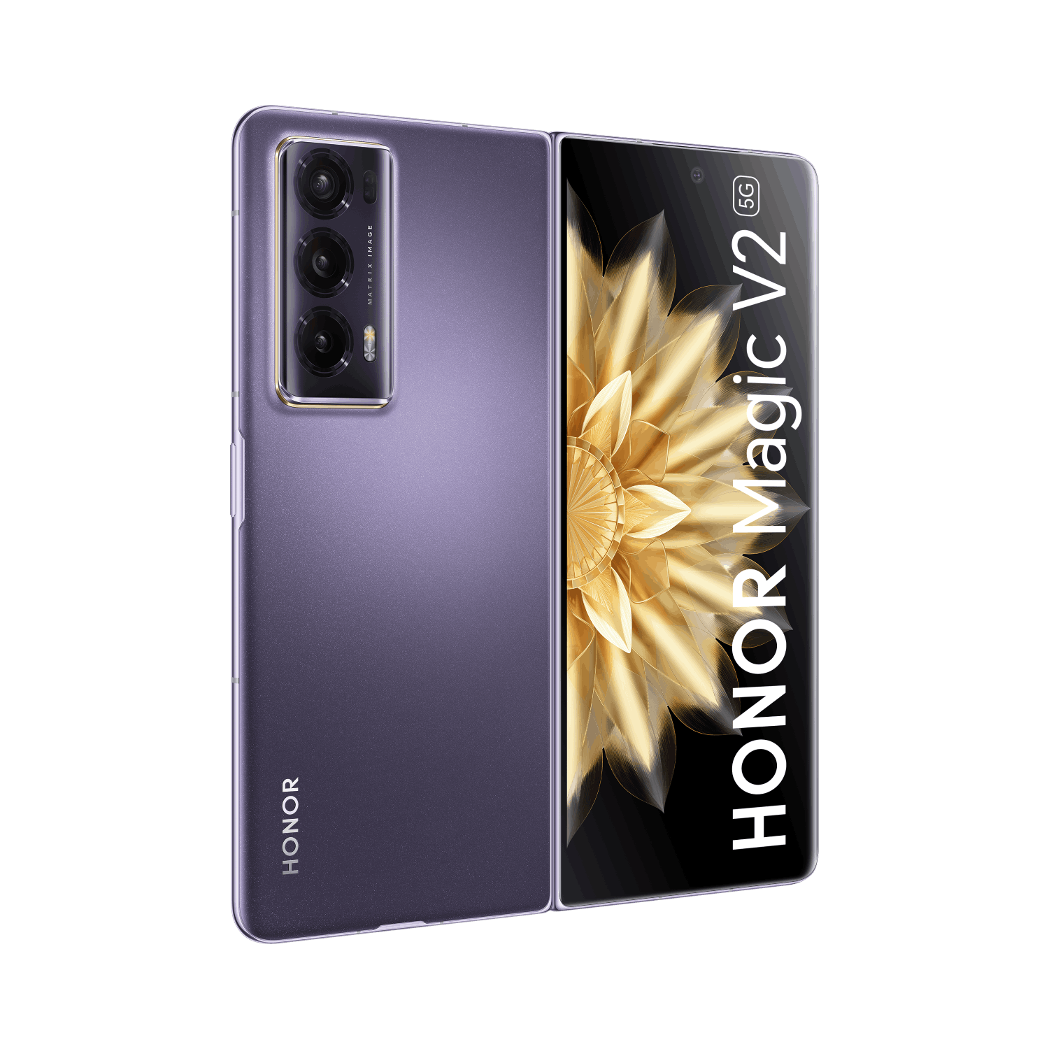 Teléfono plegable HONOR Magic V2 5G púrpura, cerrado, con el logo HONOR y detalles de la cámara.