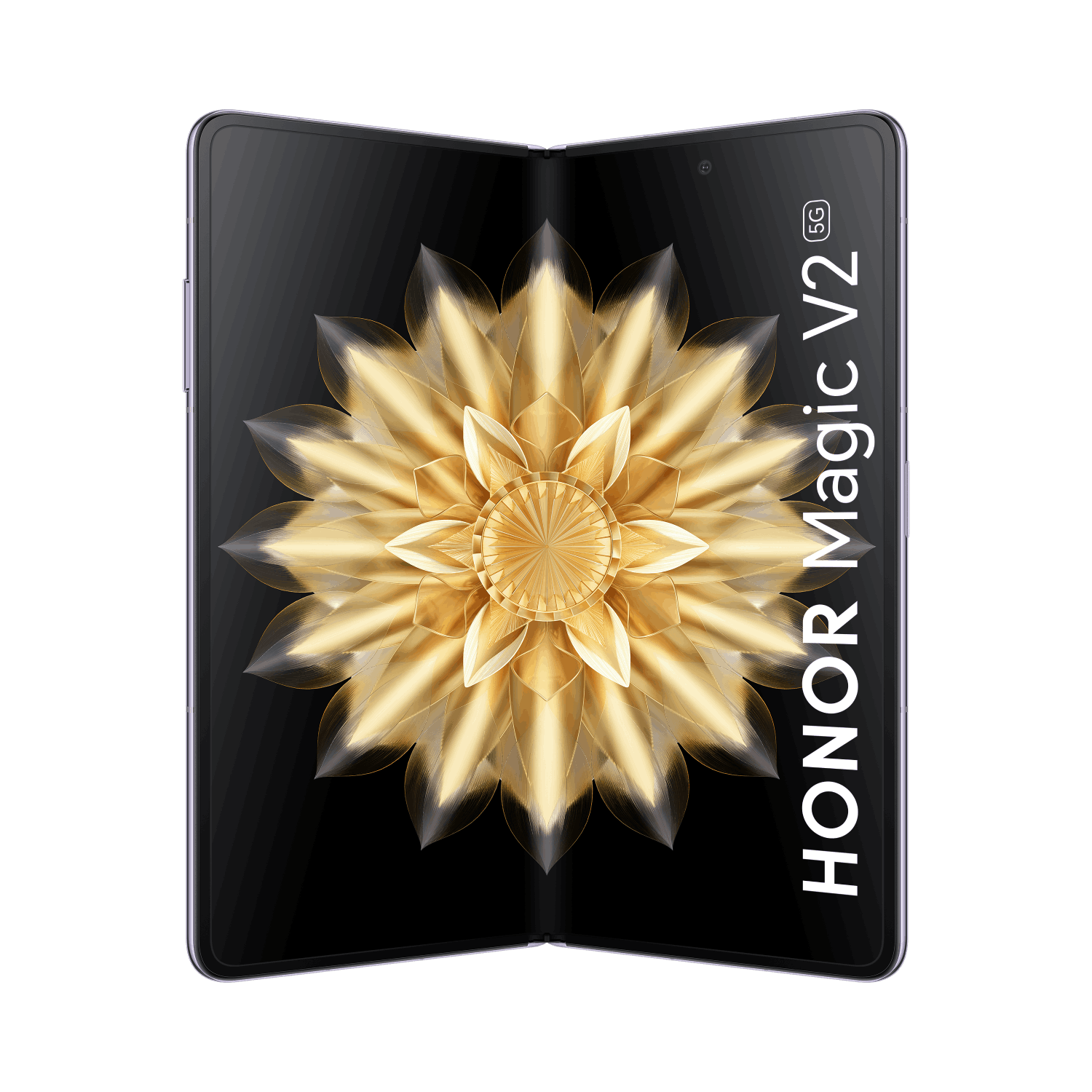 Un teléfono plegable está abierto, mostrando un patrón de flor dorada. El teléfono es negro y tiene HONOR.