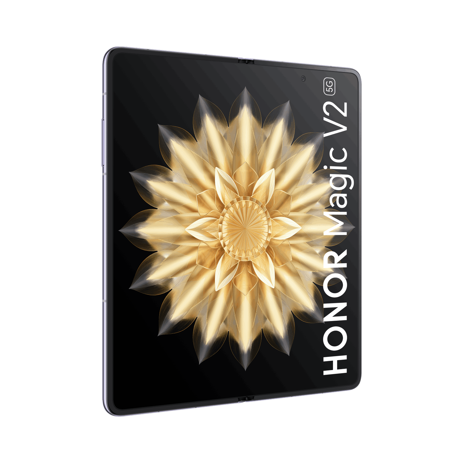 Teléfono plegable con diseño floral dorado en pantalla negra, nombre de marca a la derecha.
