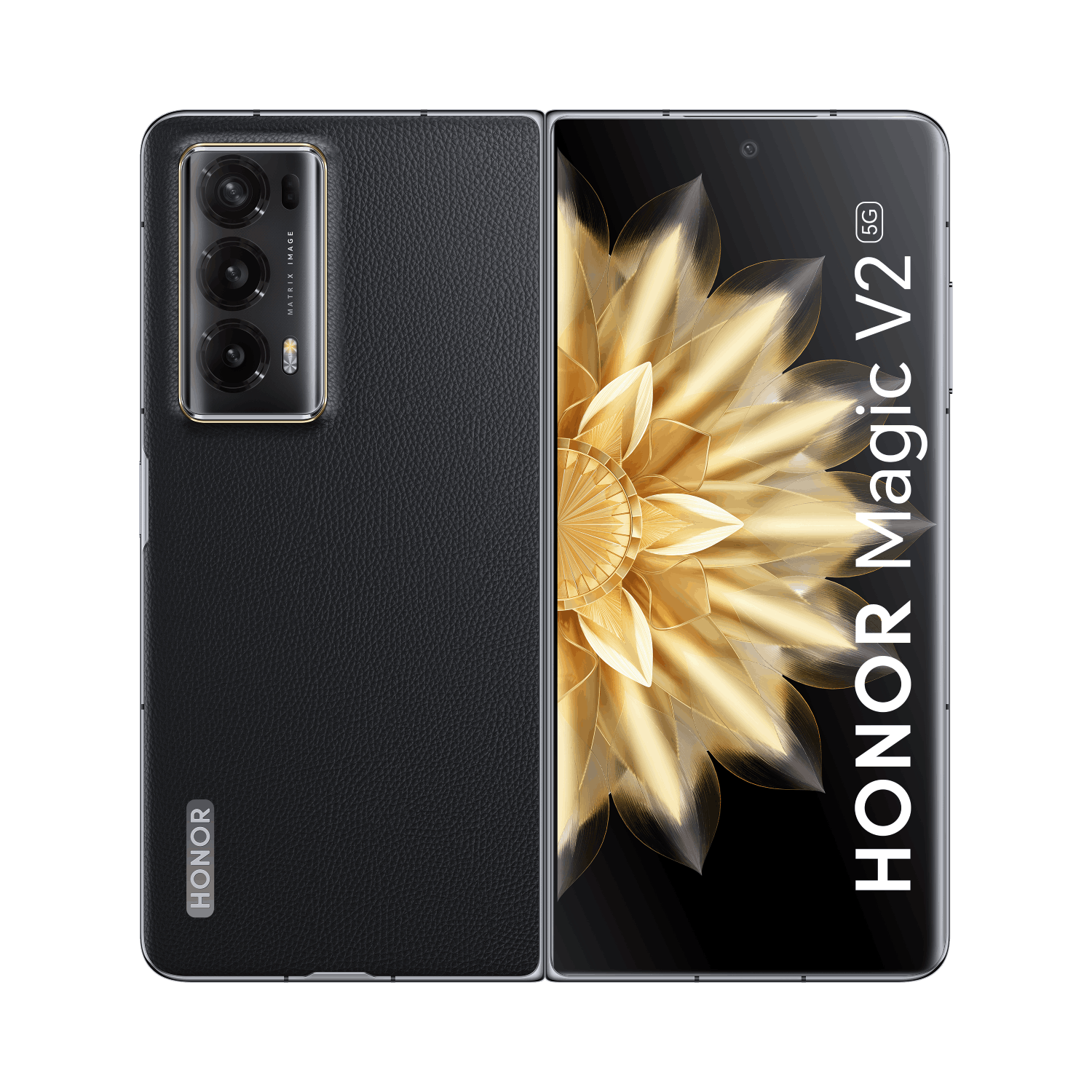Un teléfono negro plegado con tres cámaras traseras y una pantalla, y las palabras "Honor Magic V2 5G".