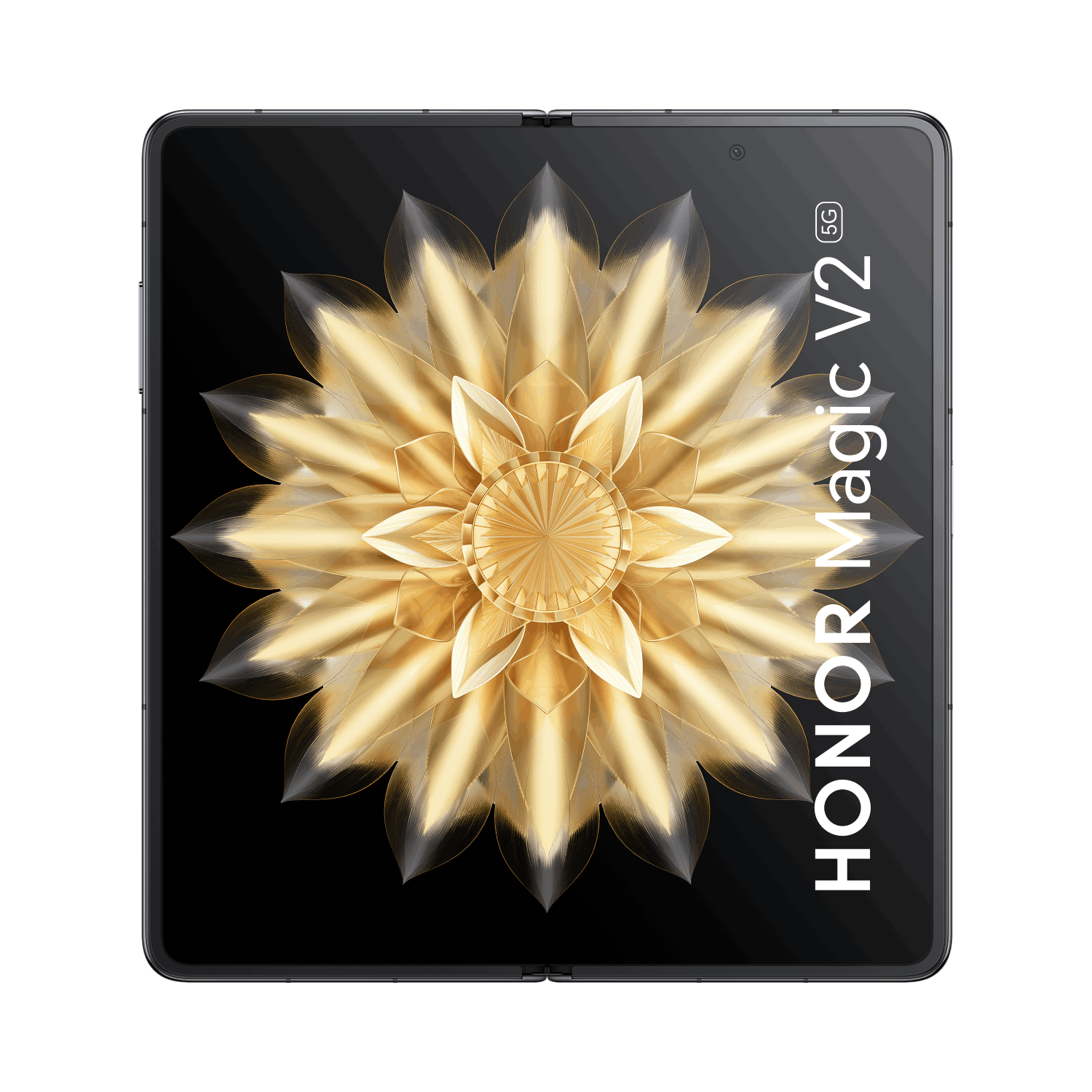 Teléfono HONOR Magic V2 abierto, diseño de flor dorada sobre fondo negro.