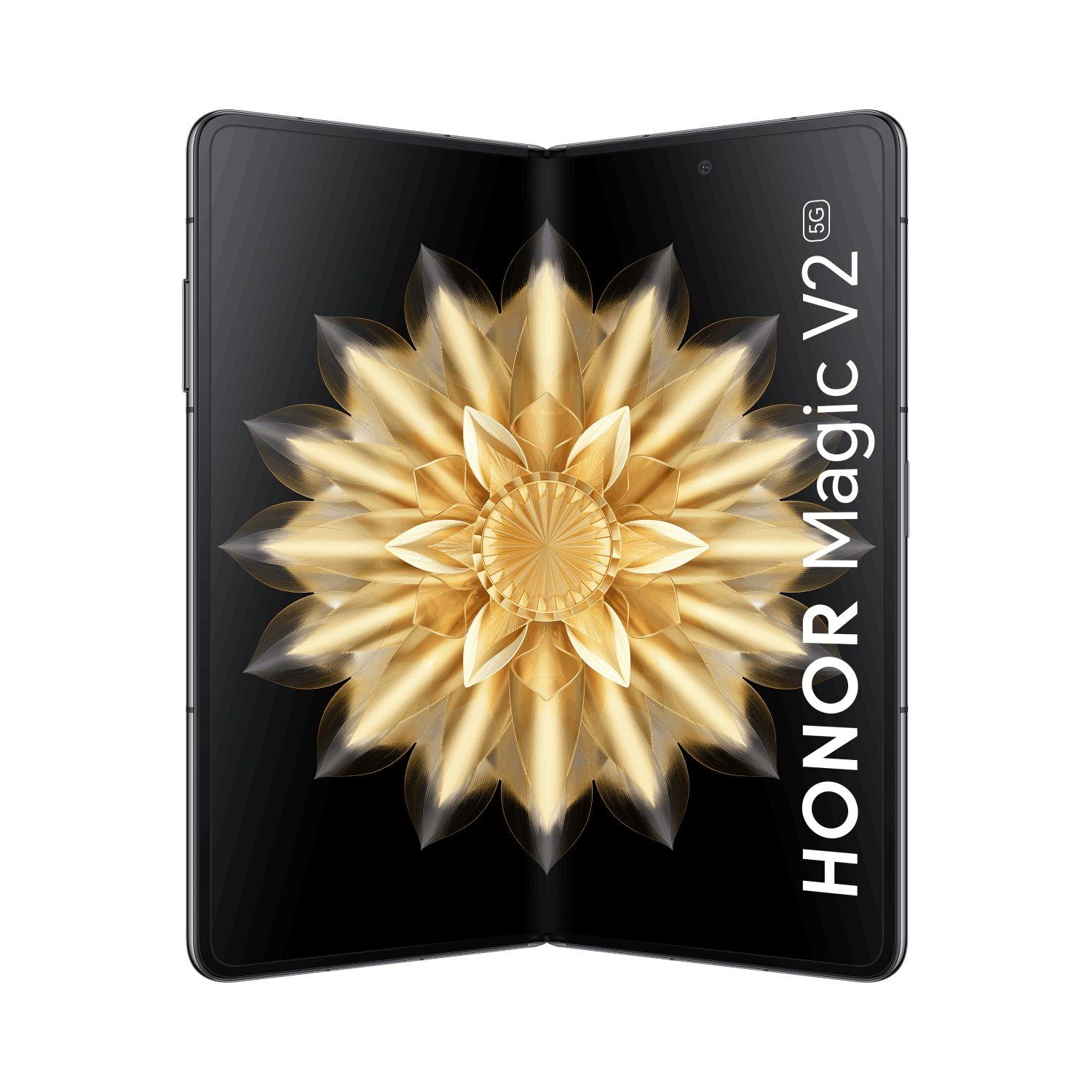 Teléfono plegable HONOR Magic V2 5G, abierto, mostrando un diseño floral dorado.