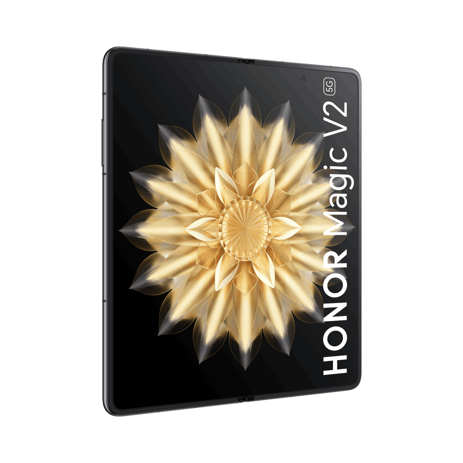 Teléfono plegable Honor Magic V2 5G negro con diseño floral dorado.