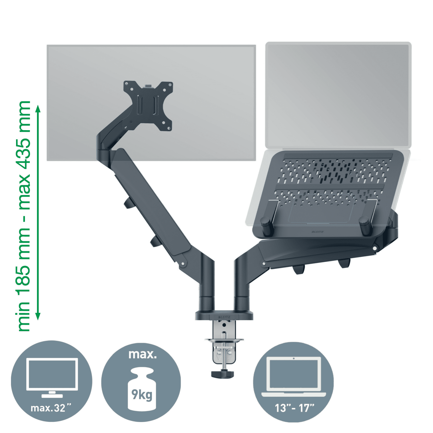 Monitorállvány két monitorhoz és egy laptophoz. Szürke, jelölt méretekkel és laptop ikonnal.