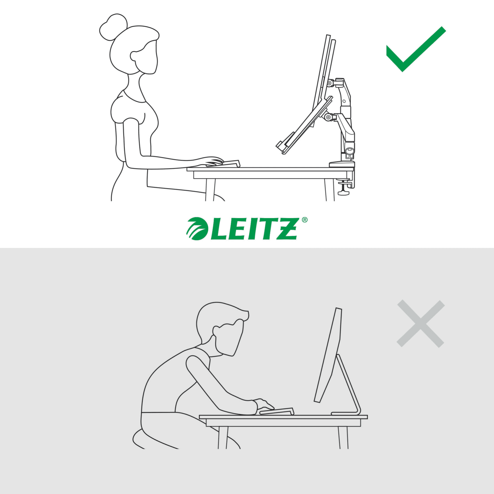 Diagram a helyes és helytelen testtartásról számítógép használata közben.