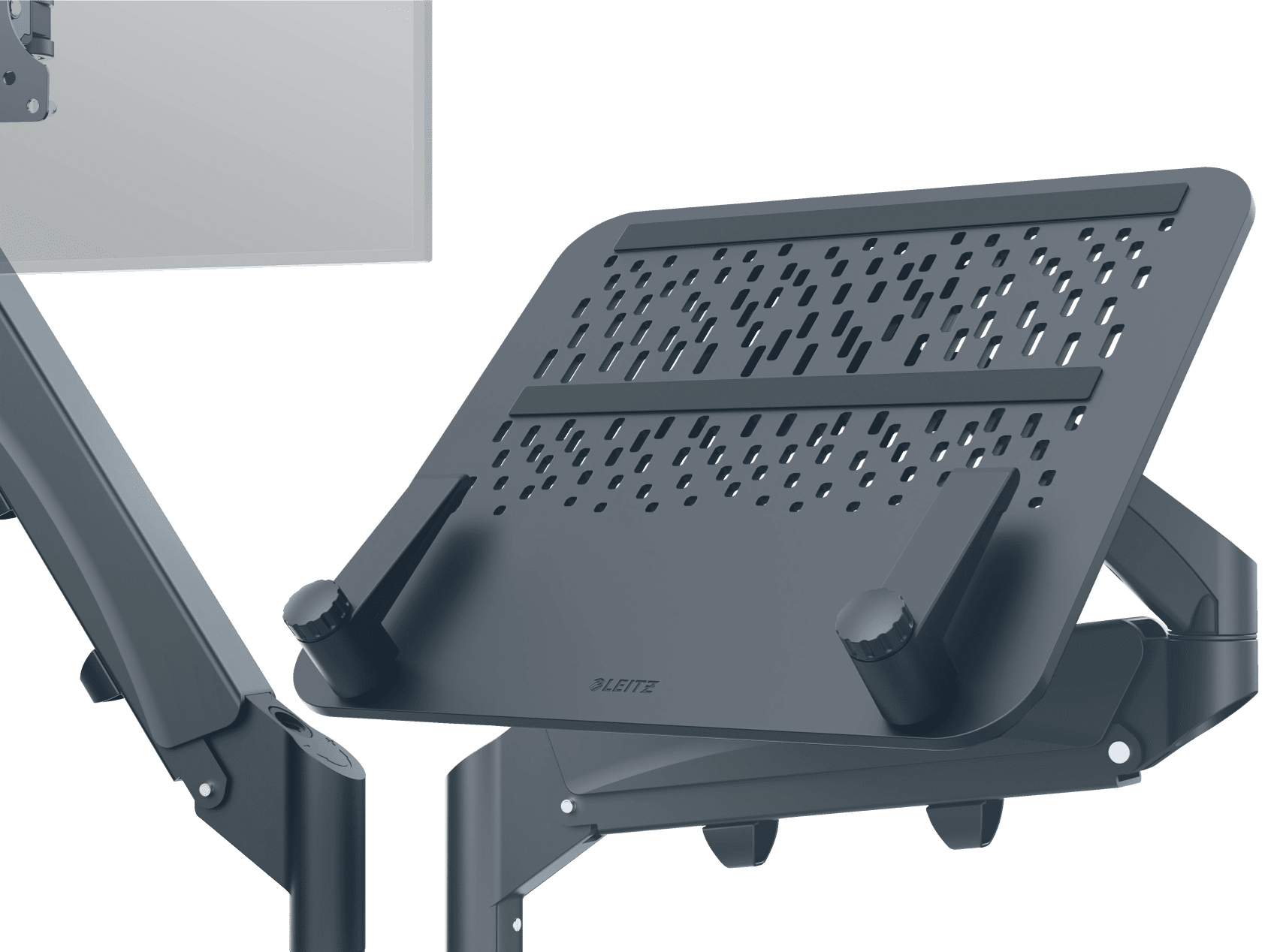 Egy laptopállvány sötétszürke színben, monitor karra rögzítve, fekete háttérrel.