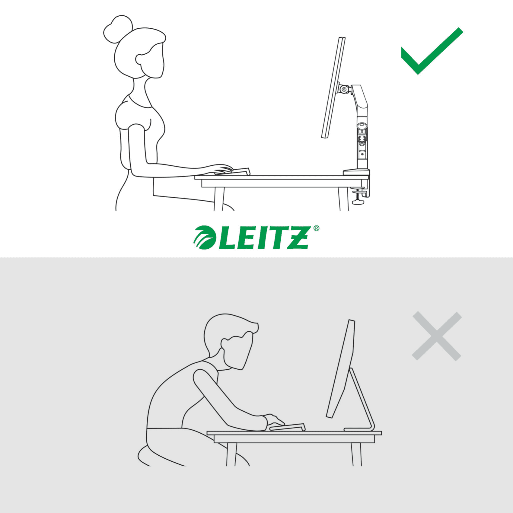 Ábra a helyes és helytelen testtartást mutatja íróasztalnál. Zöld pipa és piros kereszt.