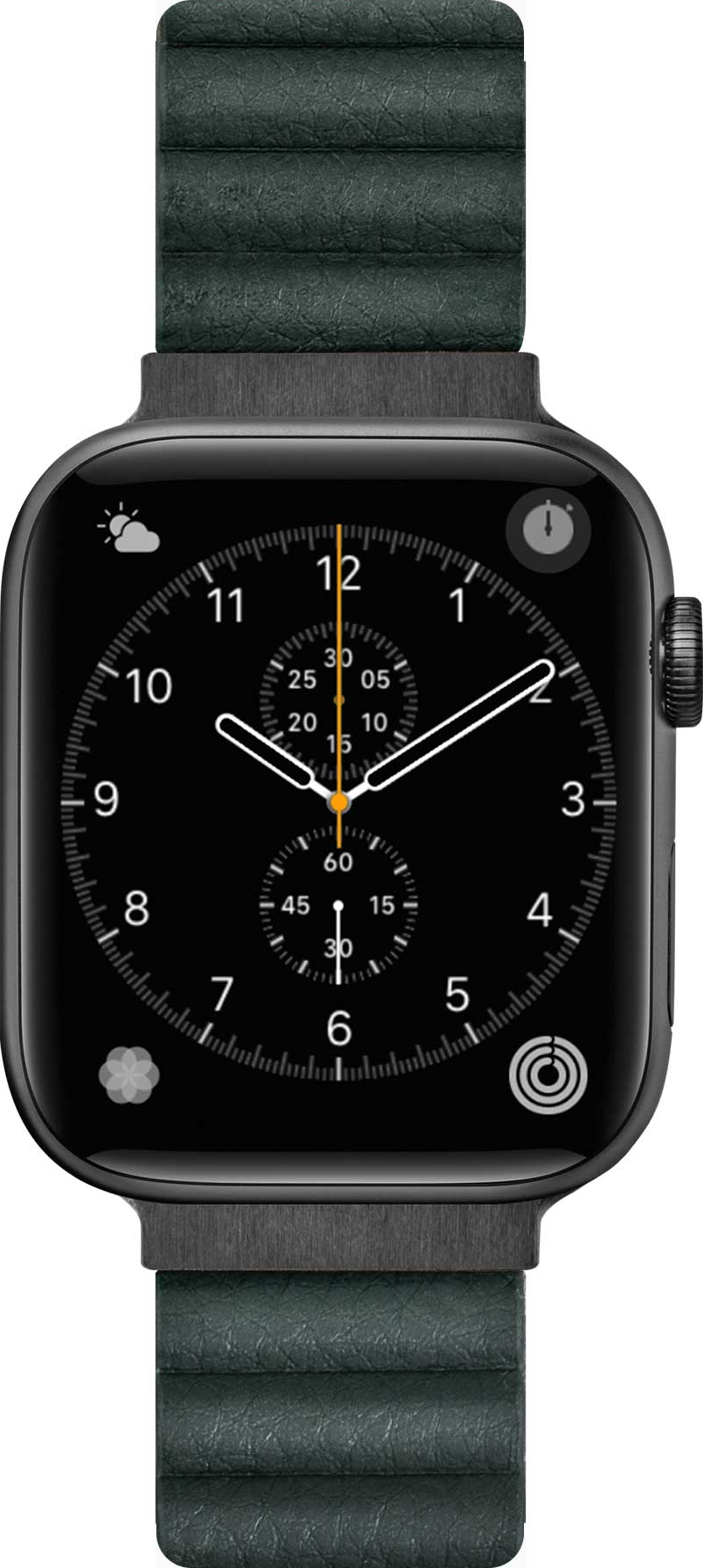 Montre connectée noire avec bracelet vert foncé, affichant le cadran.