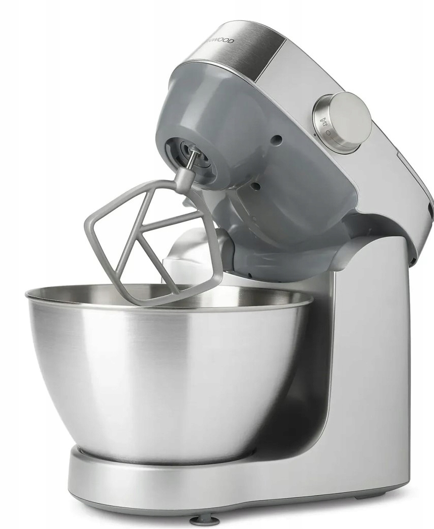 Srebrno-szara mikser Kenwood z misą i przystawką do ubijania.