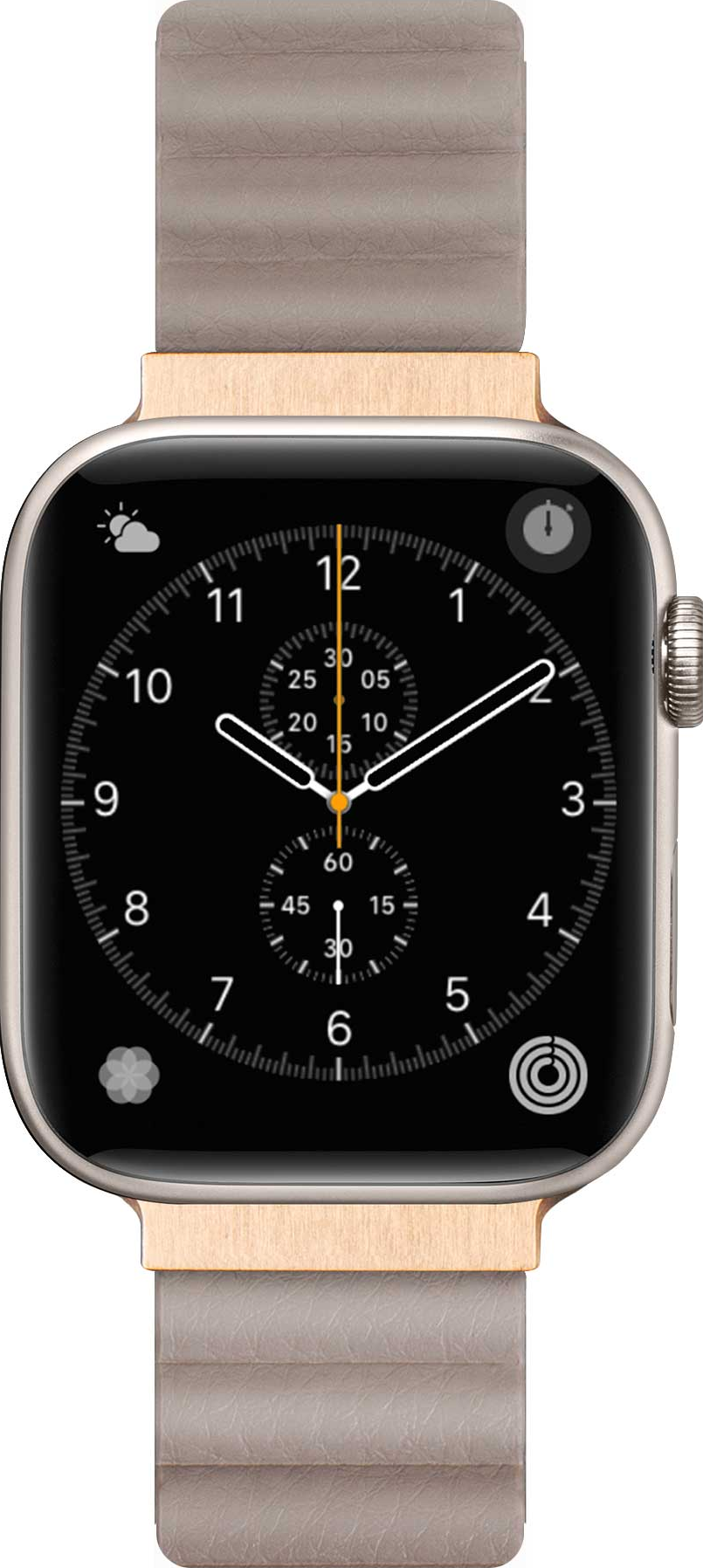Nahaufnahme einer Apple Watch mit schwarzem Bildschirm und hellfarbenem Armband.