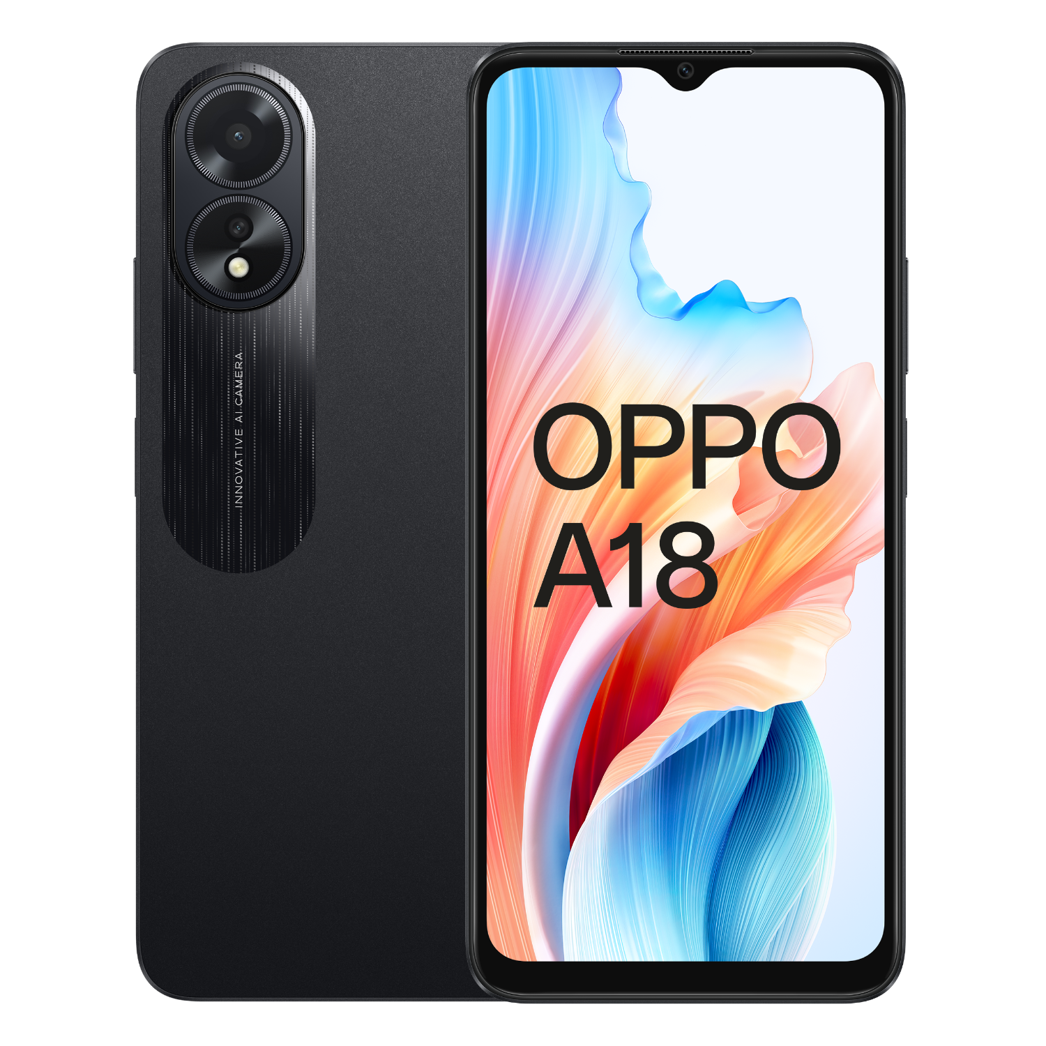 Zwarte Oppo A18 telefoon met dubbele camera en Oppo-logo op het scherm.