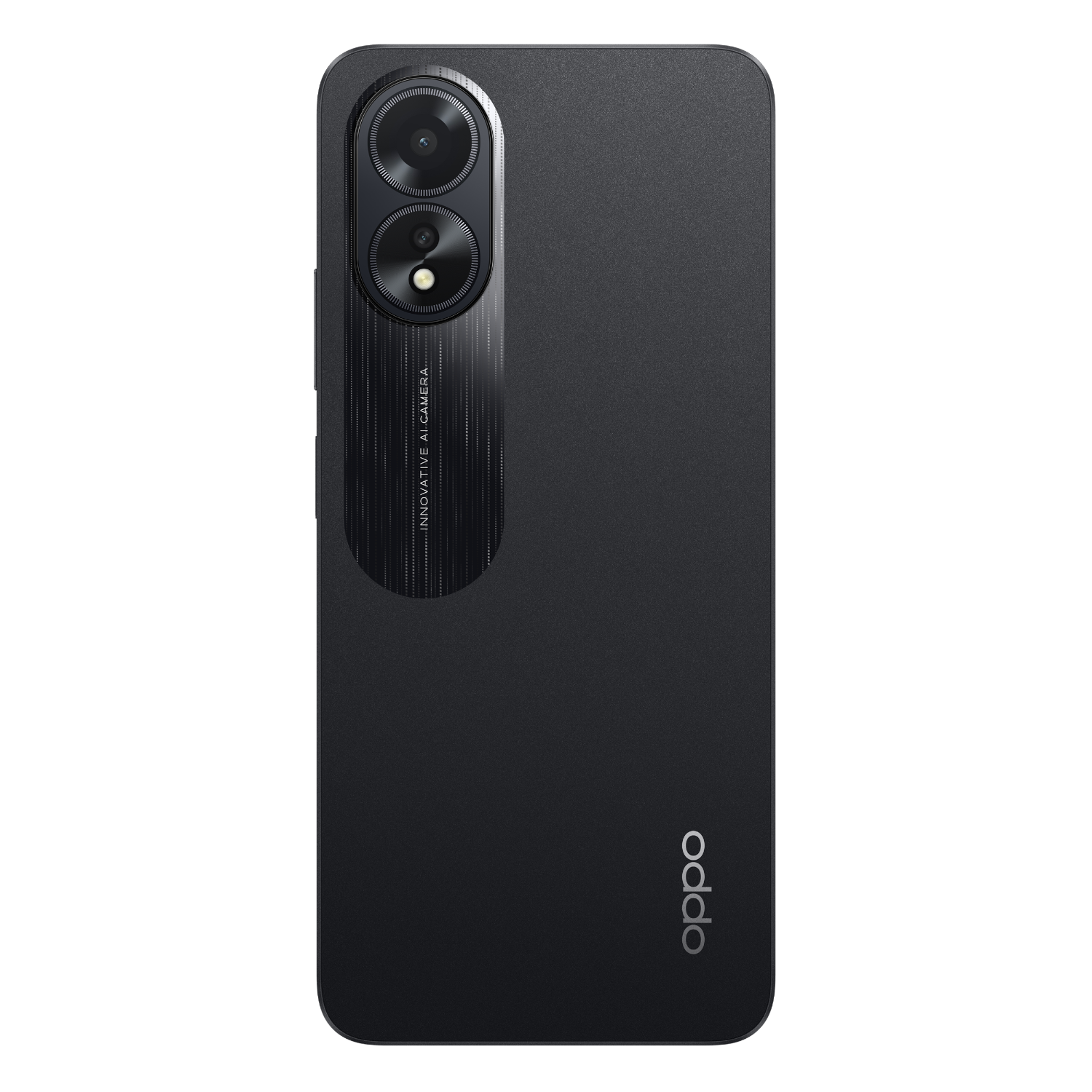 Achterkant van een zwarte Oppo-telefoon met dubbele camera en logo.