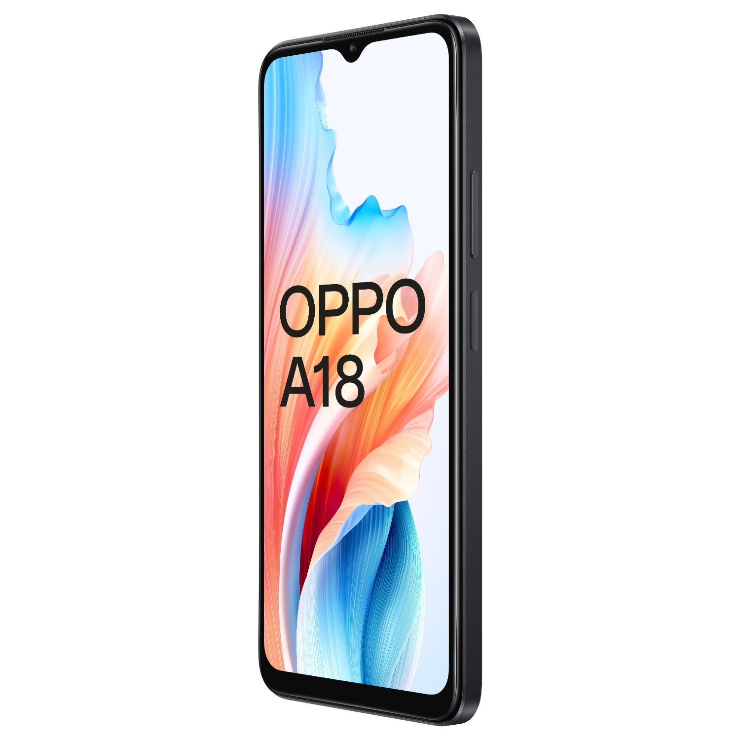 Zwarte Oppo A18 smartphone met een kleurrijk display, gezien vanuit een zijhoek.