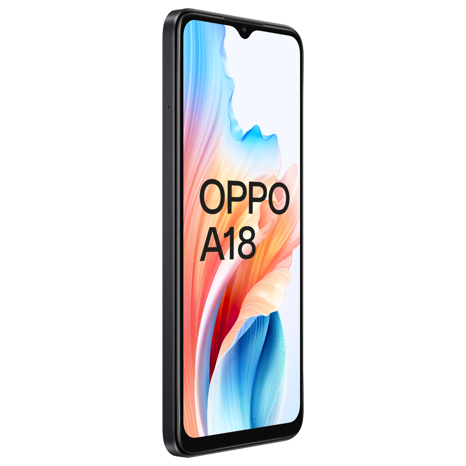 OPPO A18 smartphone, zwart frame, met een scherm dat een kleurrijke abstractie toont.