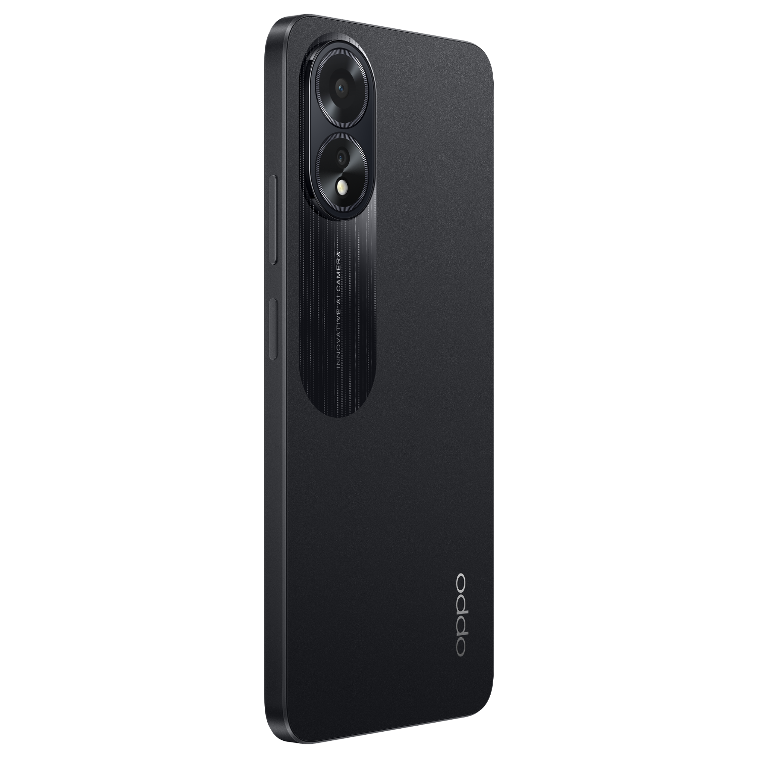Een zwarte Oppo-telefoon onder een hoek, met achteruitrijcamera's en het Oppo-logo op een donkere achtergrond.