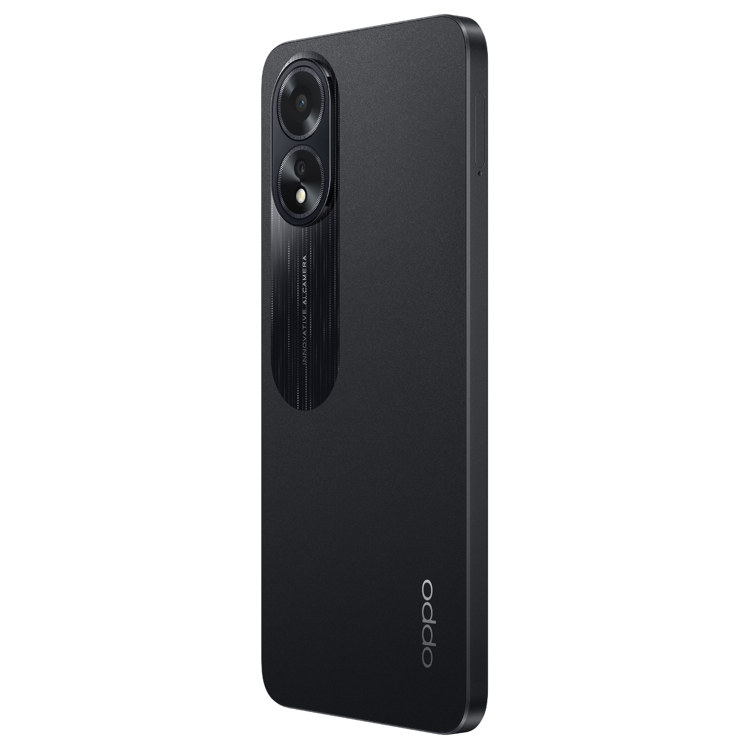 Zwarte OPPO-smartphone met dubbele camera. De achterkant heeft een textuurafwerking en het OPPO-logo.