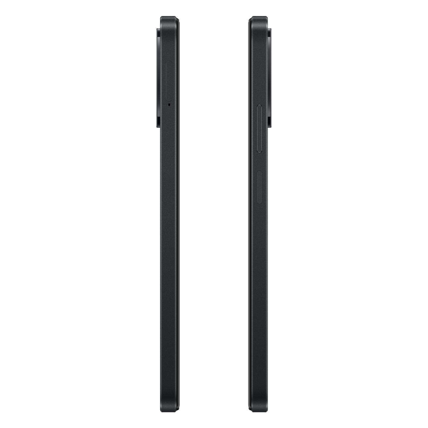 Twee zwarte smartphones, zijaanzicht, met de randen en knoppen.