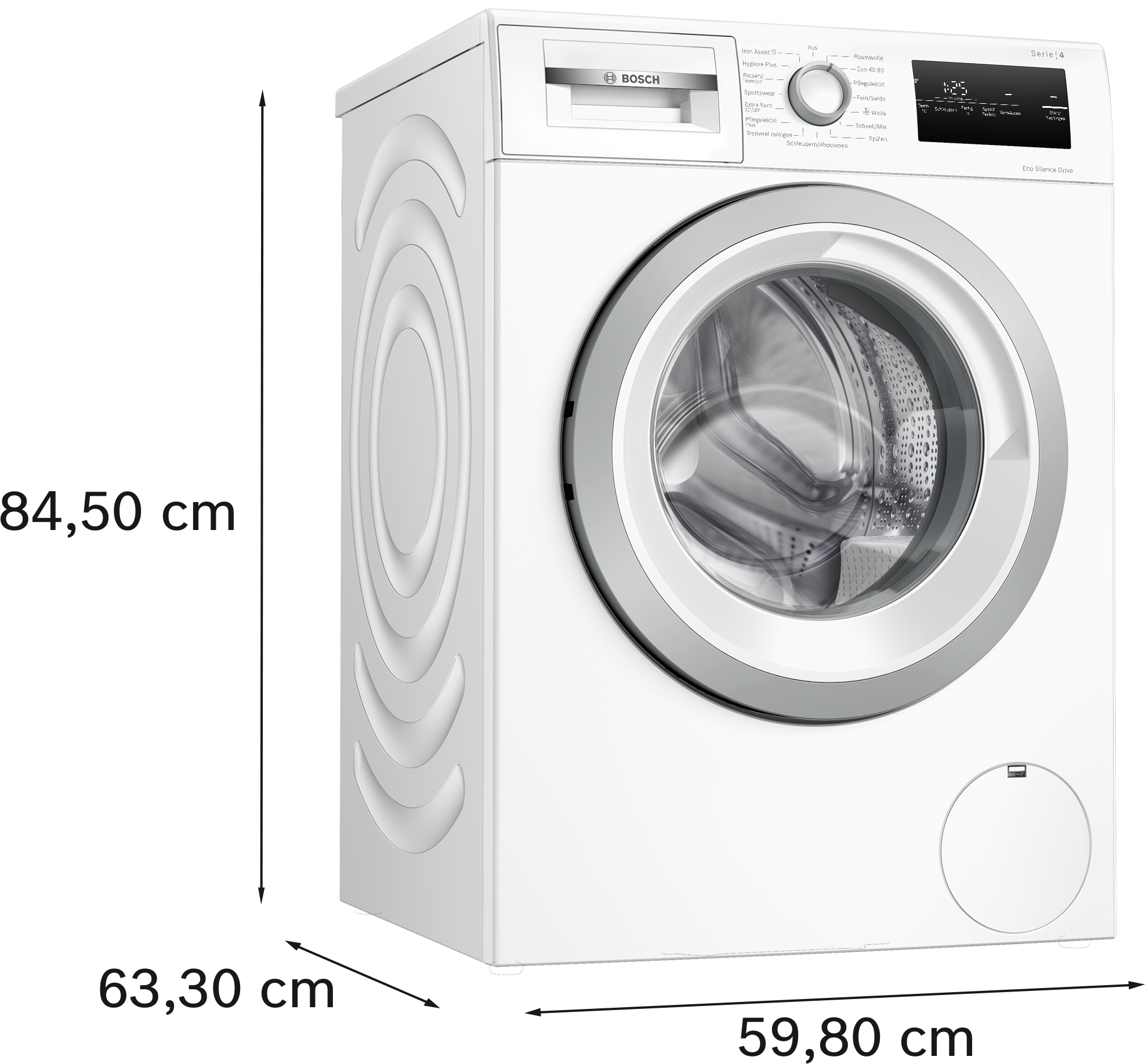 Weiße Bosch Waschmaschine, schräge Ansicht. Mit Tür, Knöpfen und Display.