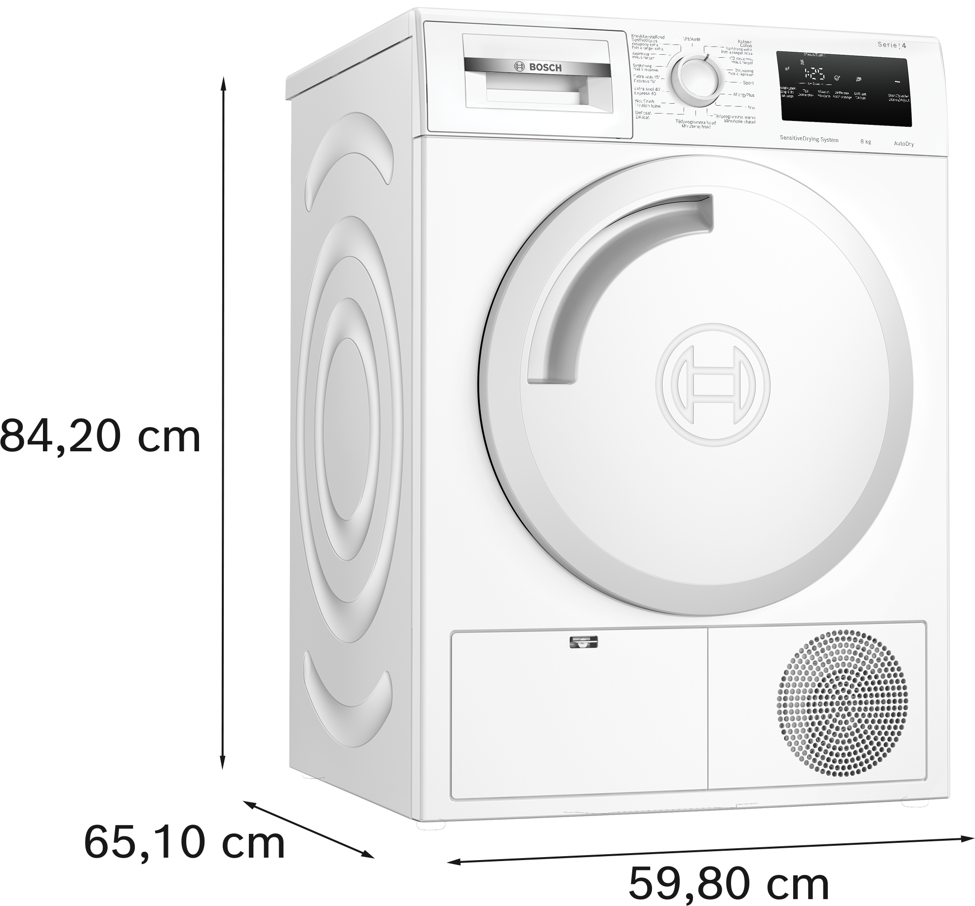 Weißer Bosch Serie 14 Trockner. Mit runder Tür, Bedienfeld und Lüftungsöffnung.