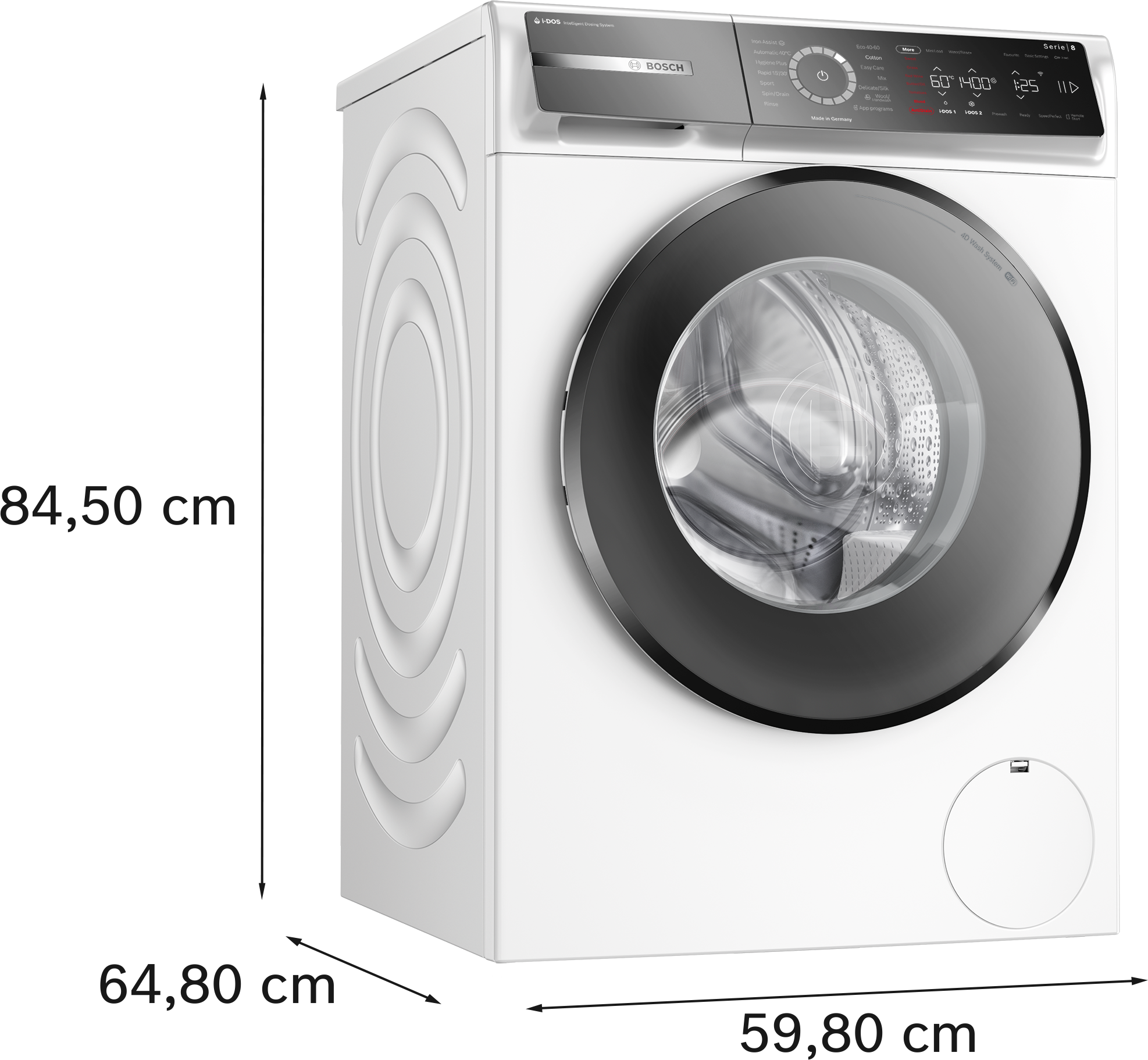 Weiße Bosch Waschmaschine, schräge Ansicht, mit schwarzer Tür und Bedienfeld.