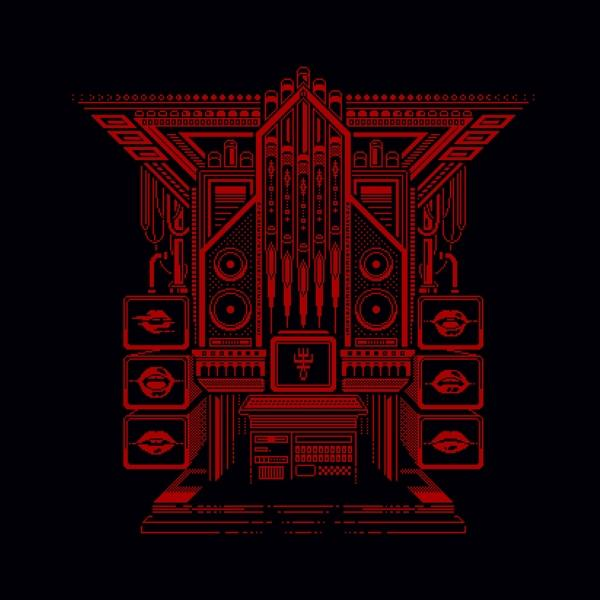 Rotes und schwarzes geometrisches Design. Musikalische Orgel mit mehreren Bildschirmen mit Lippen.