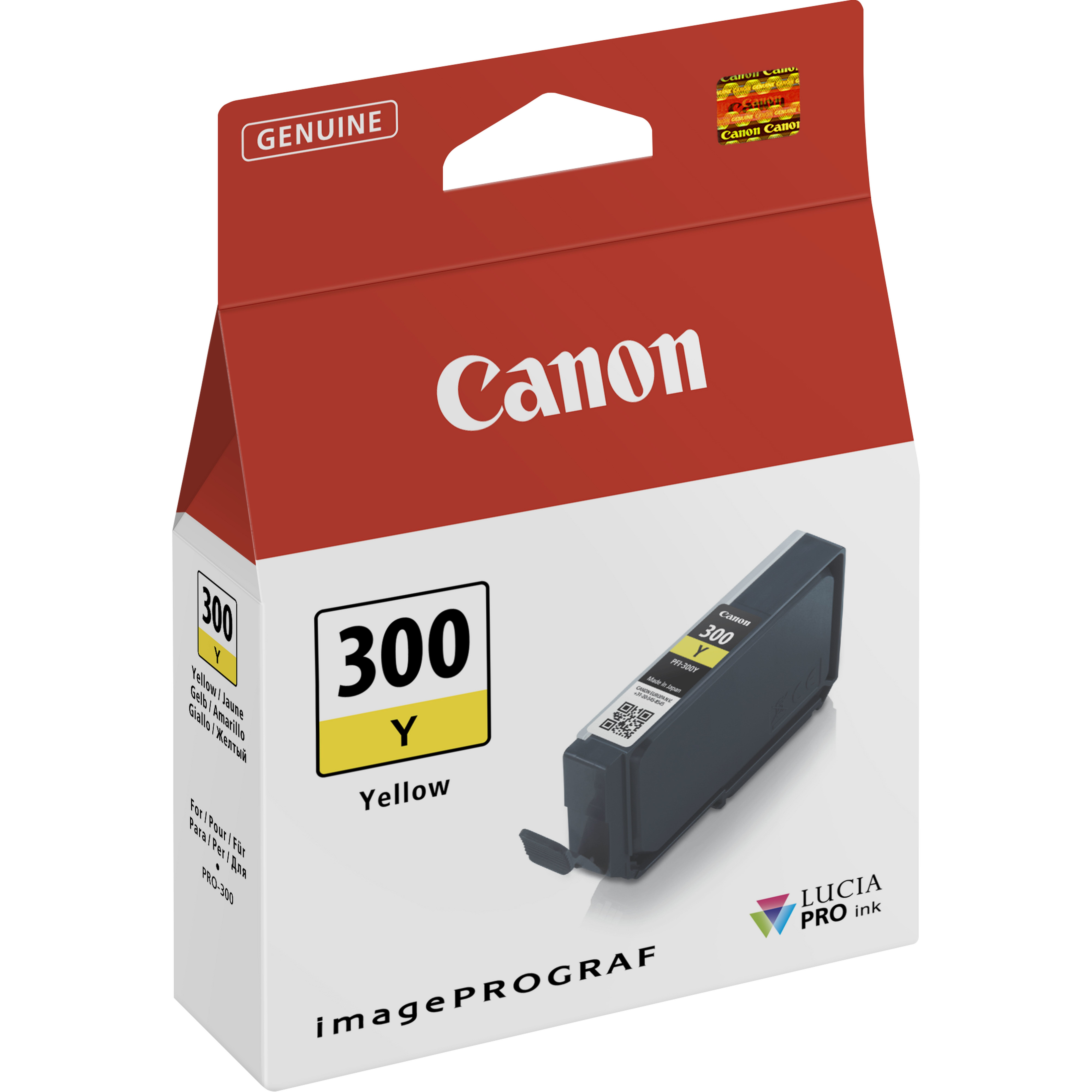 Eine Canon-Tintenpatronenbox. Sie ist weiß und rot, mit einer gelben Tintenpatrone im Inneren. Auf dem Etikett steht 'Gelb'.