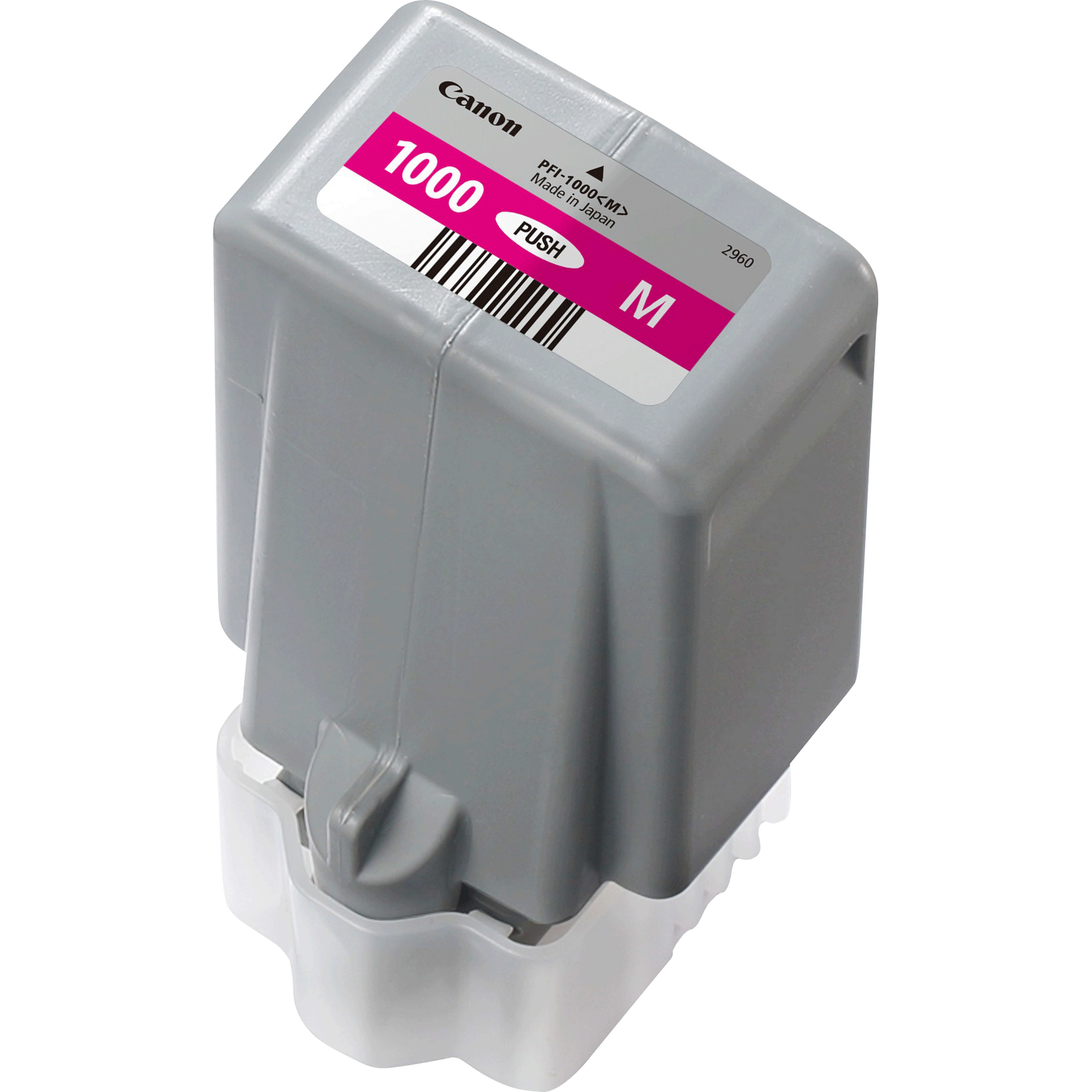 Graue Canon-Tintenpatrone mit rosa und weißem Etikett. Schwarzer Barcode ist ebenfalls sichtbar.
