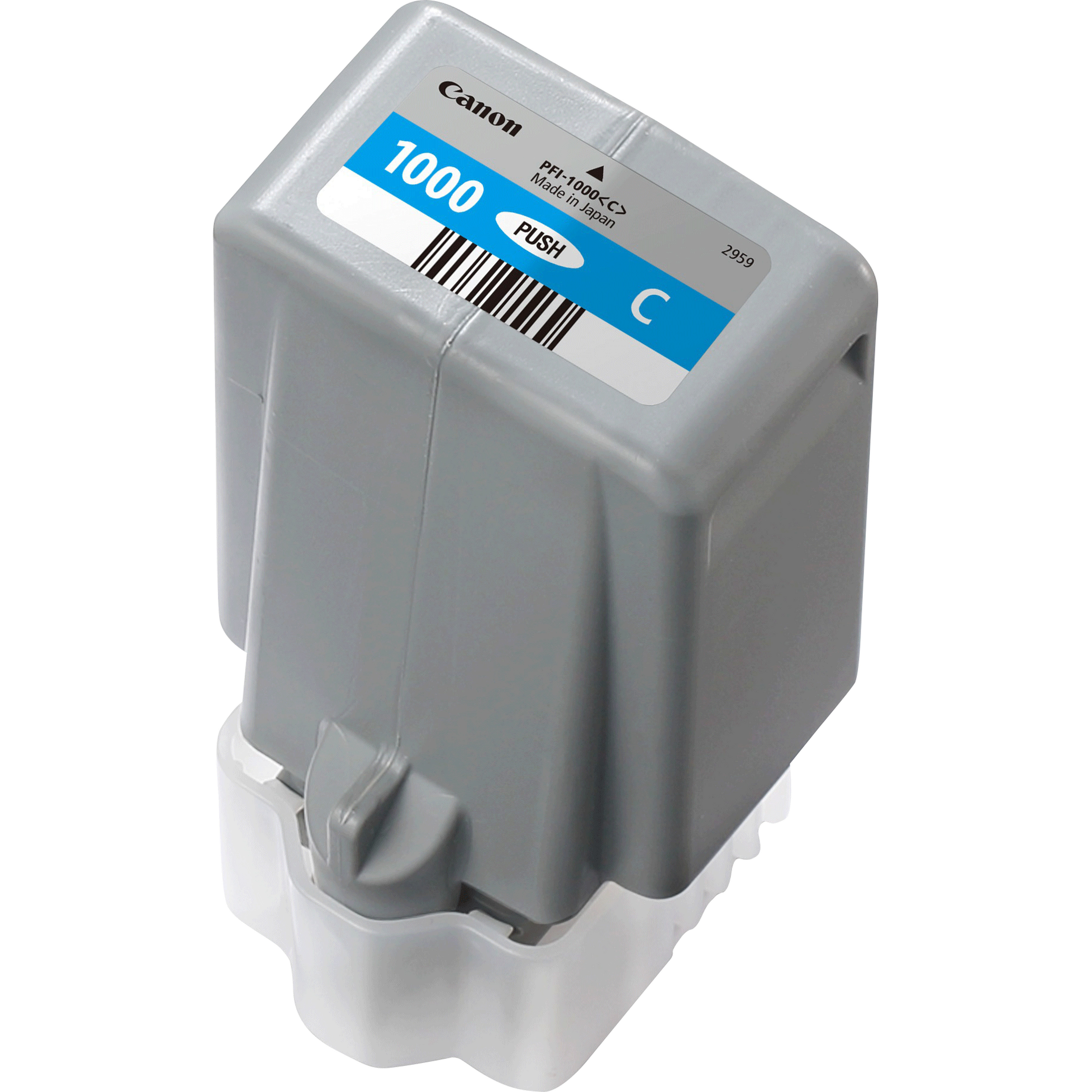 Eine Canon Tintenpatrone, grau mit blauem Etikett und weißem Sockel.