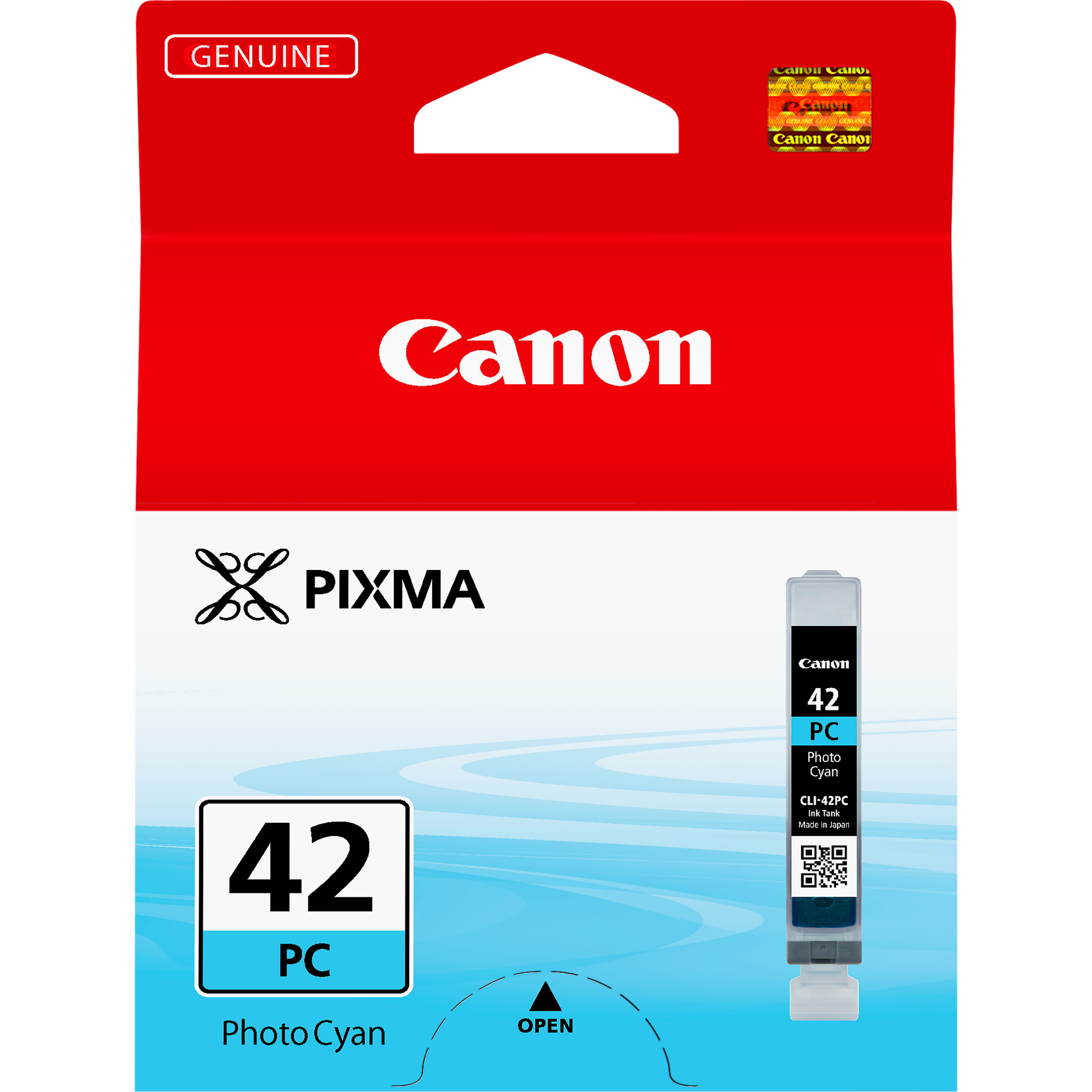 Eine rote Canon Tintenpatronenbox. Sie hat ein weißes Canon-Logo und die Worte 'PC Photo Cyan'. Die Patrone ist sichtbar.