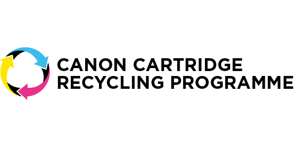 Canon-Kartuschen-Recycling-Logo mit farbigen Pfeilen und Text.