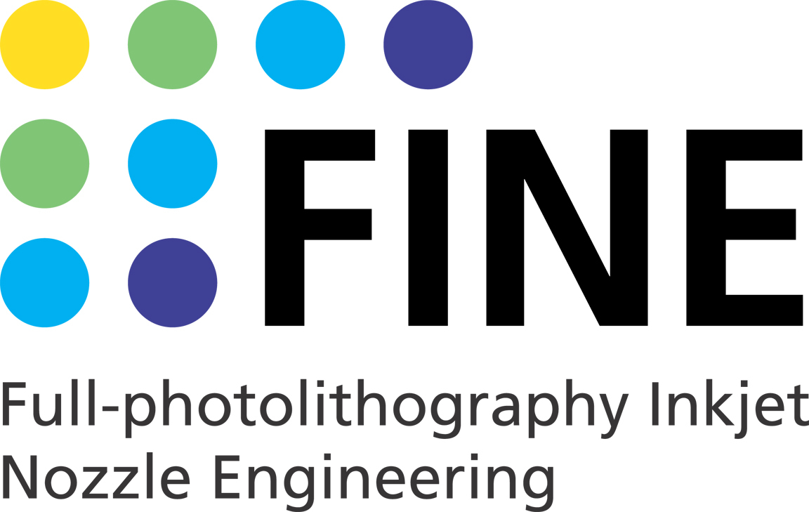 Das Wort 'FINE' mit farbigen Kreisen darüber und einem Slogan: 'Full-photolithography Inkjet Nozzle Engineering'.