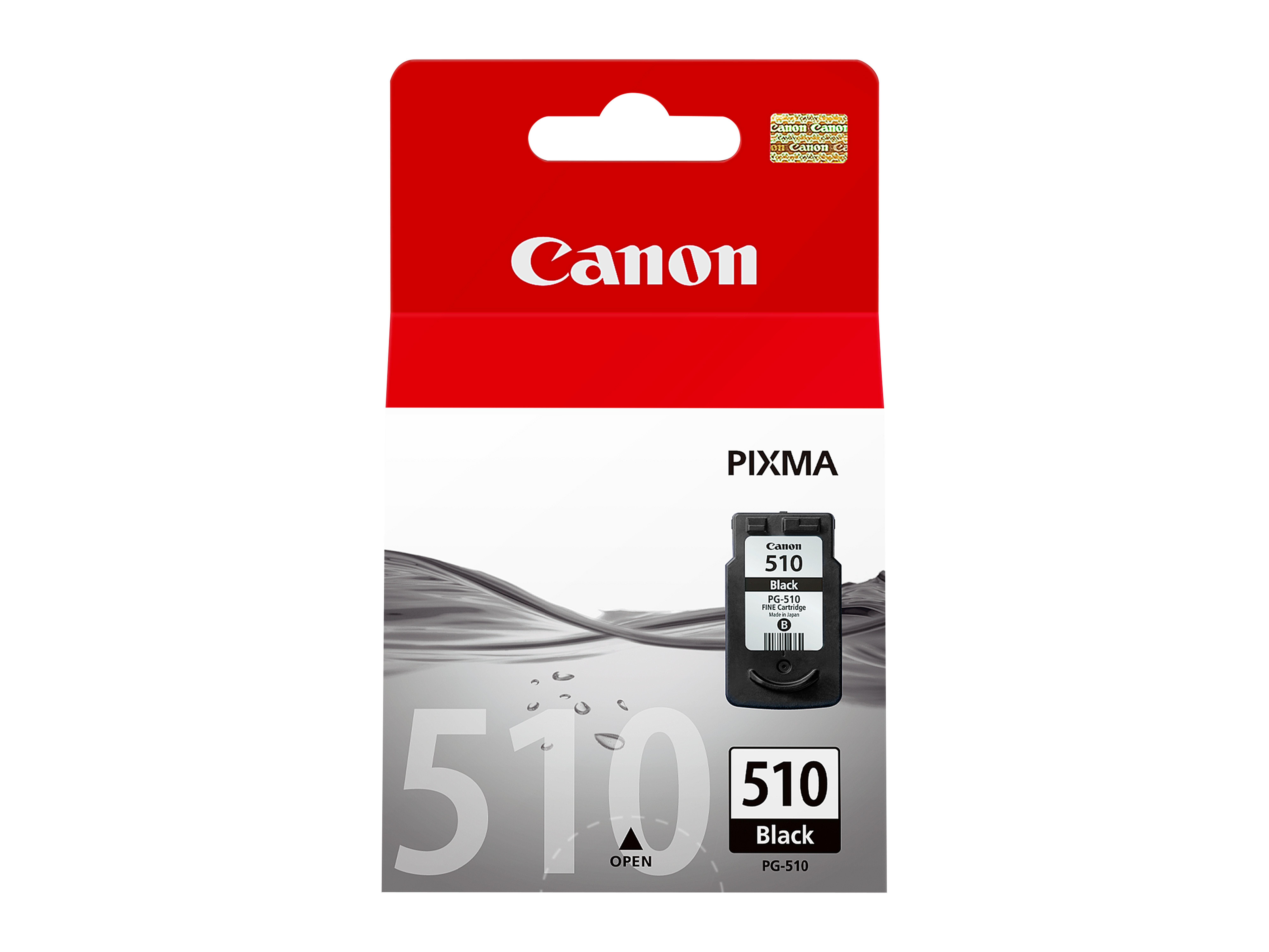 Canon 510 schwarze Tintenpatrone in Verpackung. Die Verpackung ist rot und hat das Canon-Logo.