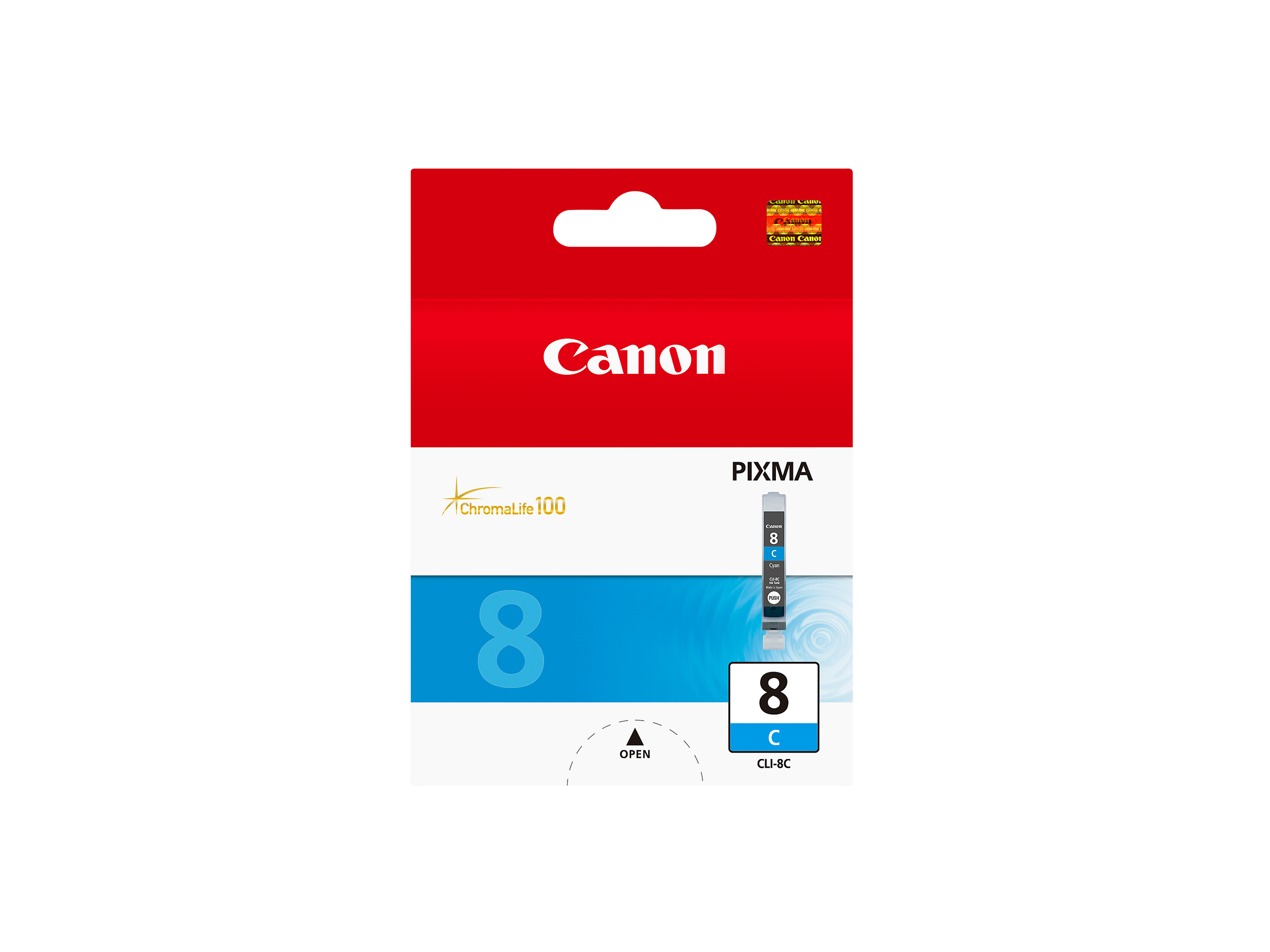 Canon Tintenpatrone: Rote und weiße Verpackung, mit schwarzer Tinte.