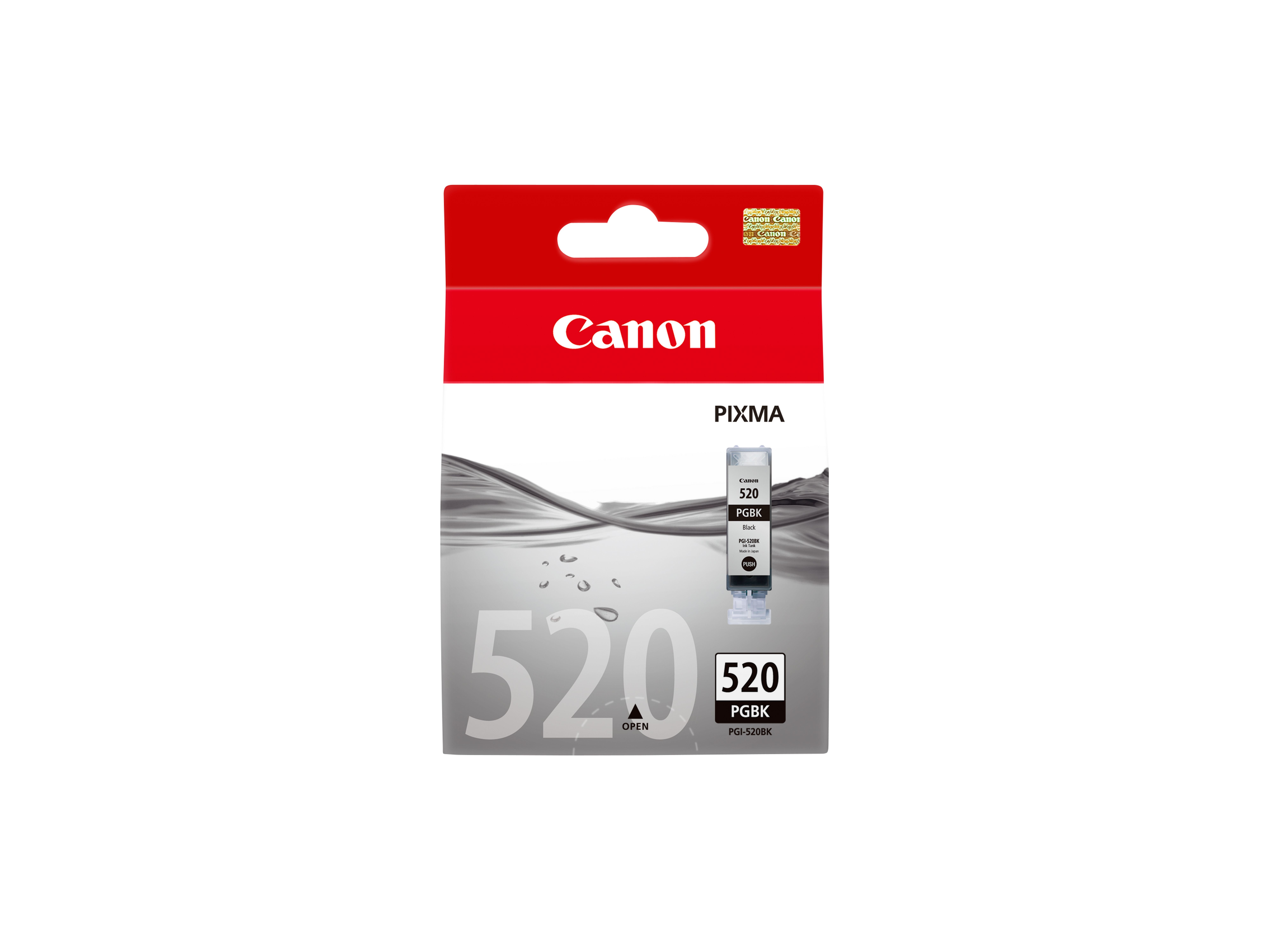 Eine rot-weiße Canon Tintenpatronenverpackung mit einer schwarzen Tintenpatrone.
