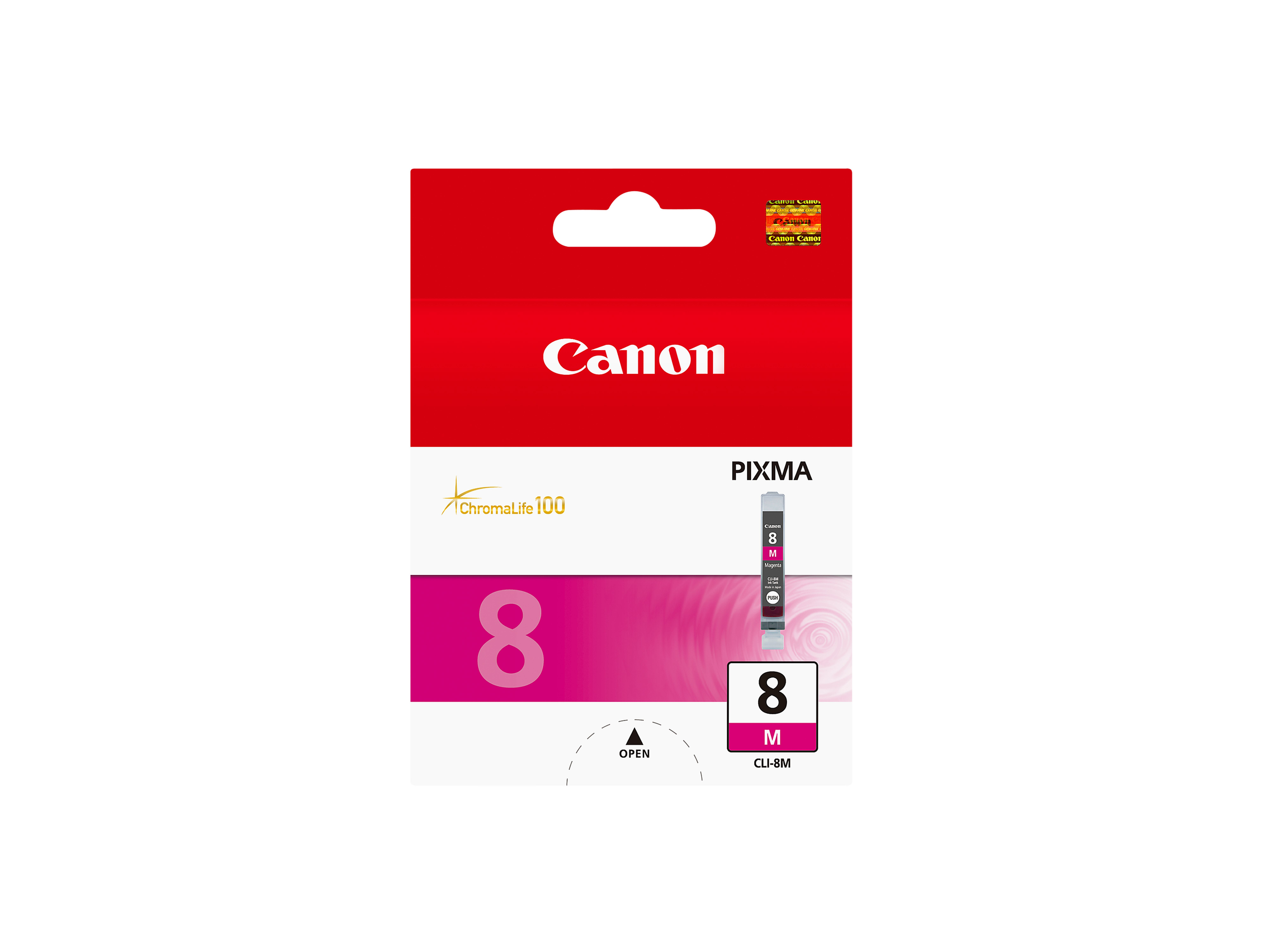 Canon Druckerpatronenverpackung. Pinke Tintenpatrone mit der Nummer 8.