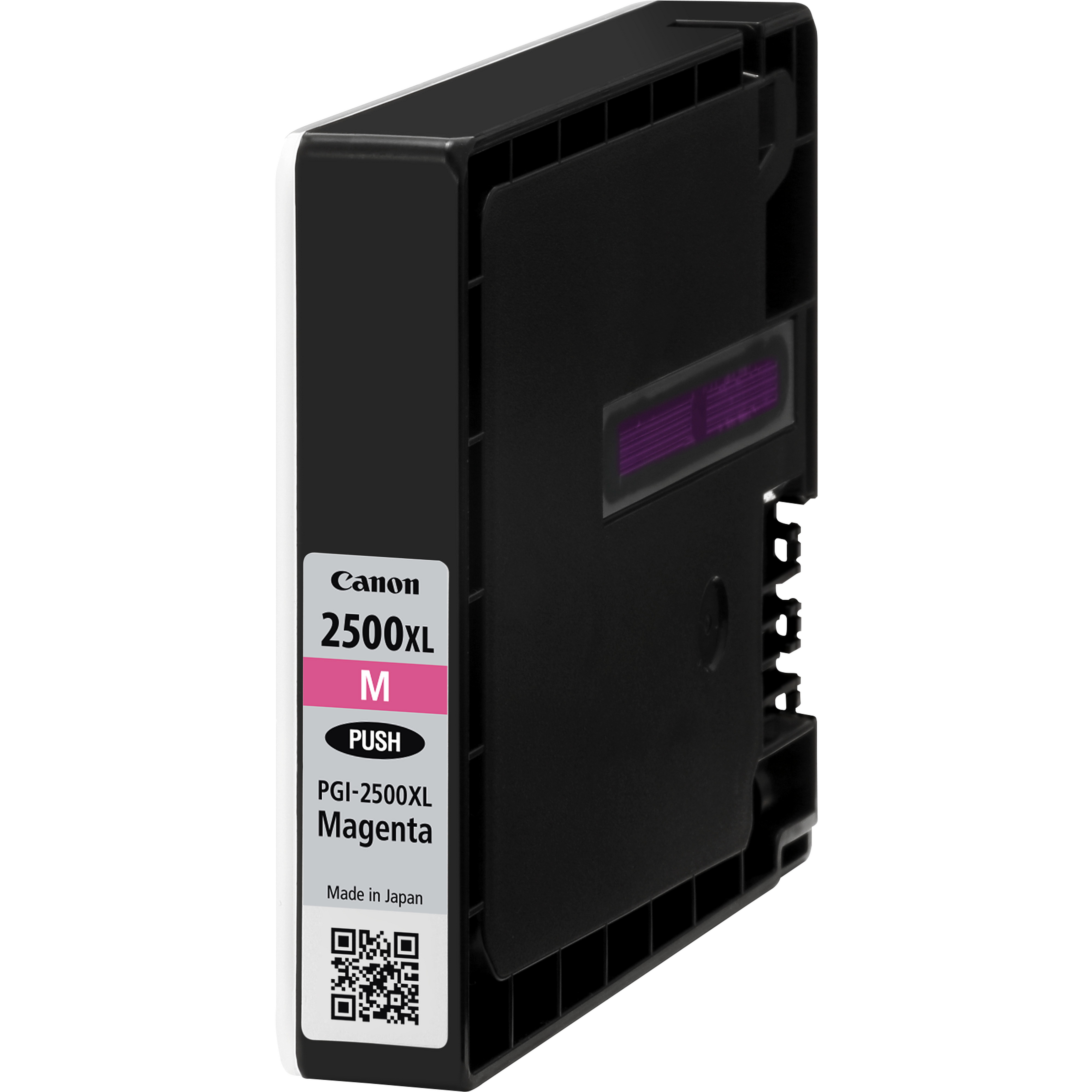 Schwarze Canon 2500XL Magenta Tintenpatrone mit weißem und schwarzem Etikett.