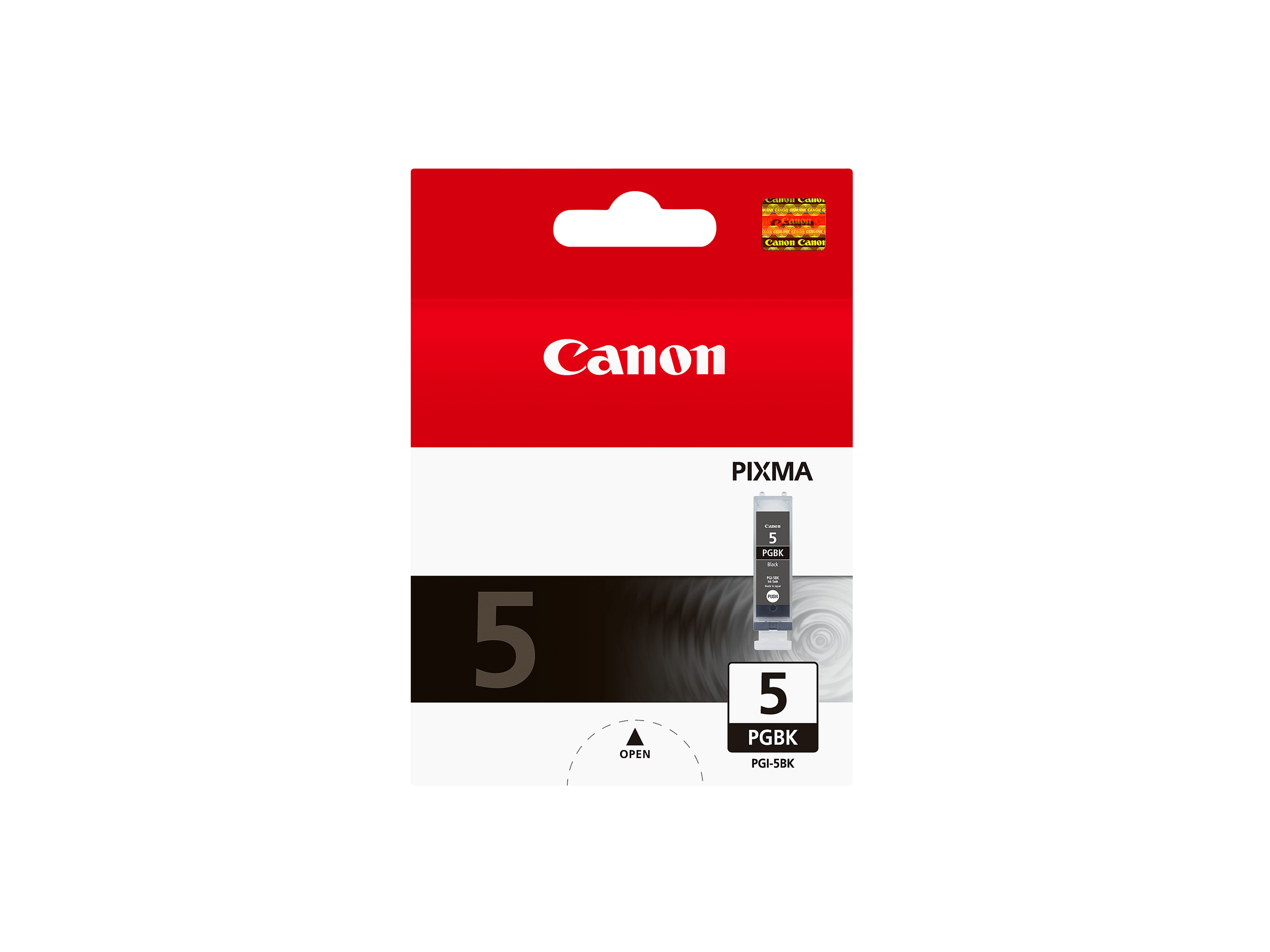 Canon-Tintenpatrone, rote Verpackung mit schwarz-weißen Details.