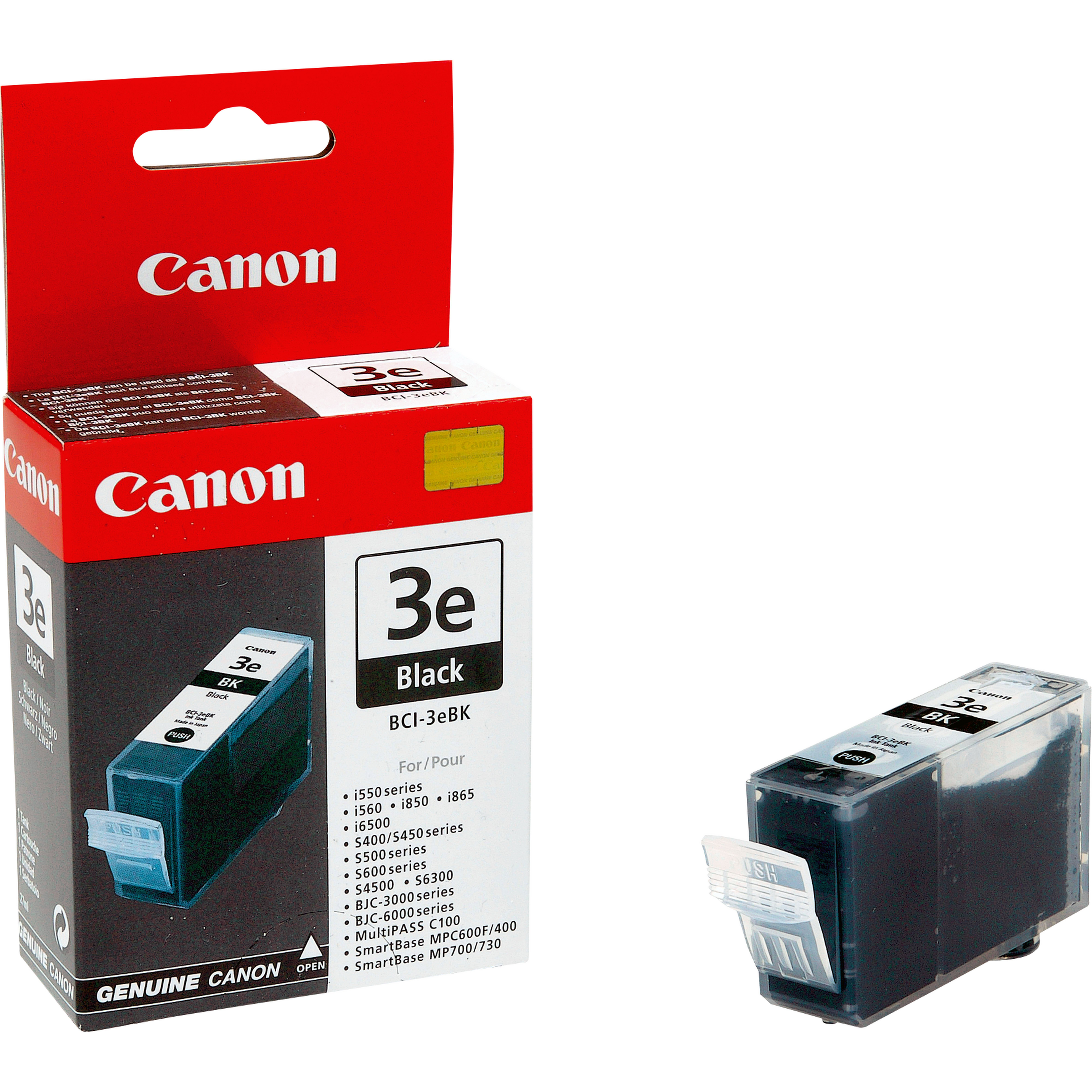 Canon 3e Black Tintenpatrone und Verpackung. Schwarze Tintenpatrone und Box.
