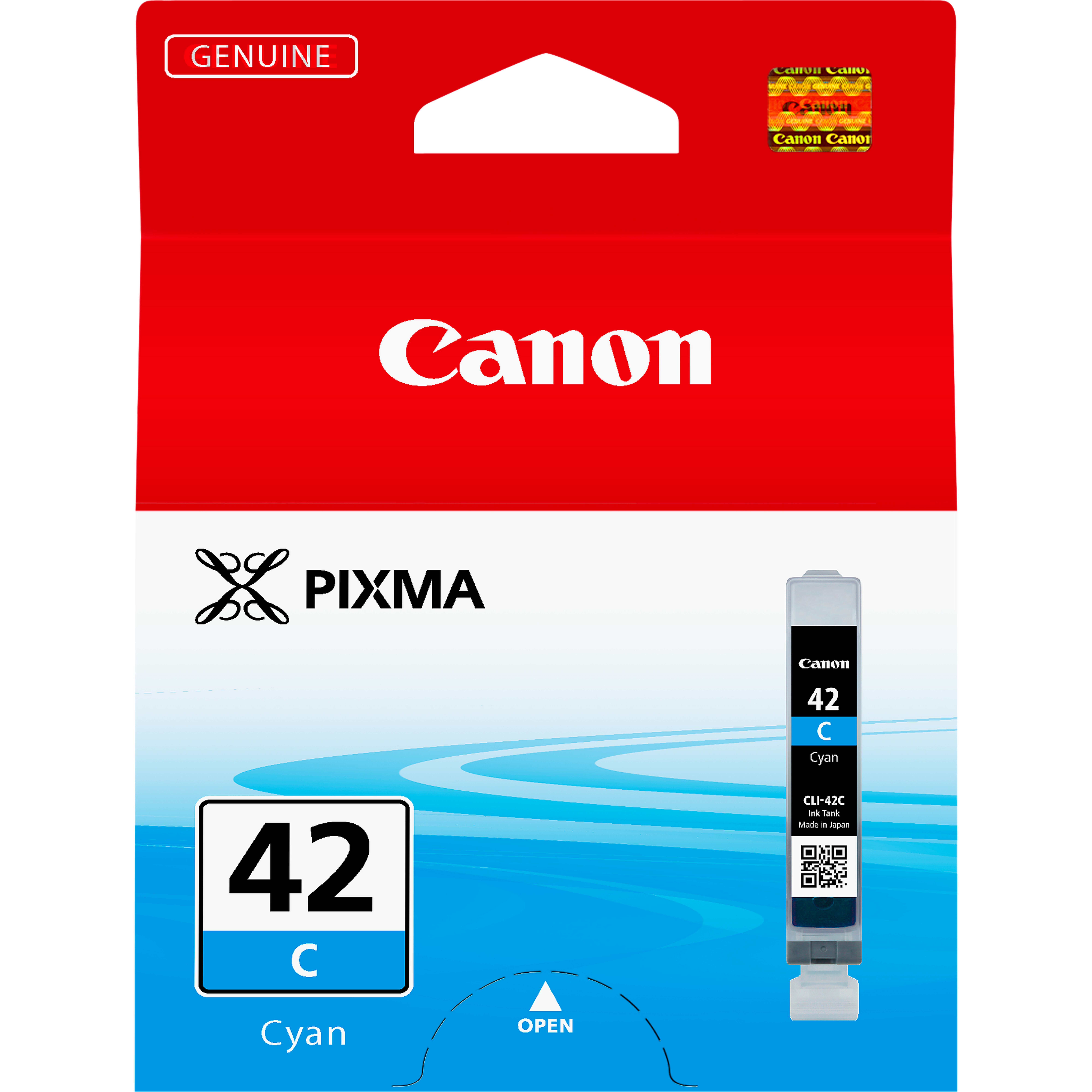 Eine Canon-Tintenpatronenbox. Sie ist rot mit weißem Canon-Text, und rechts ist eine cyanfarbene Tintenpatrone zu sehen.