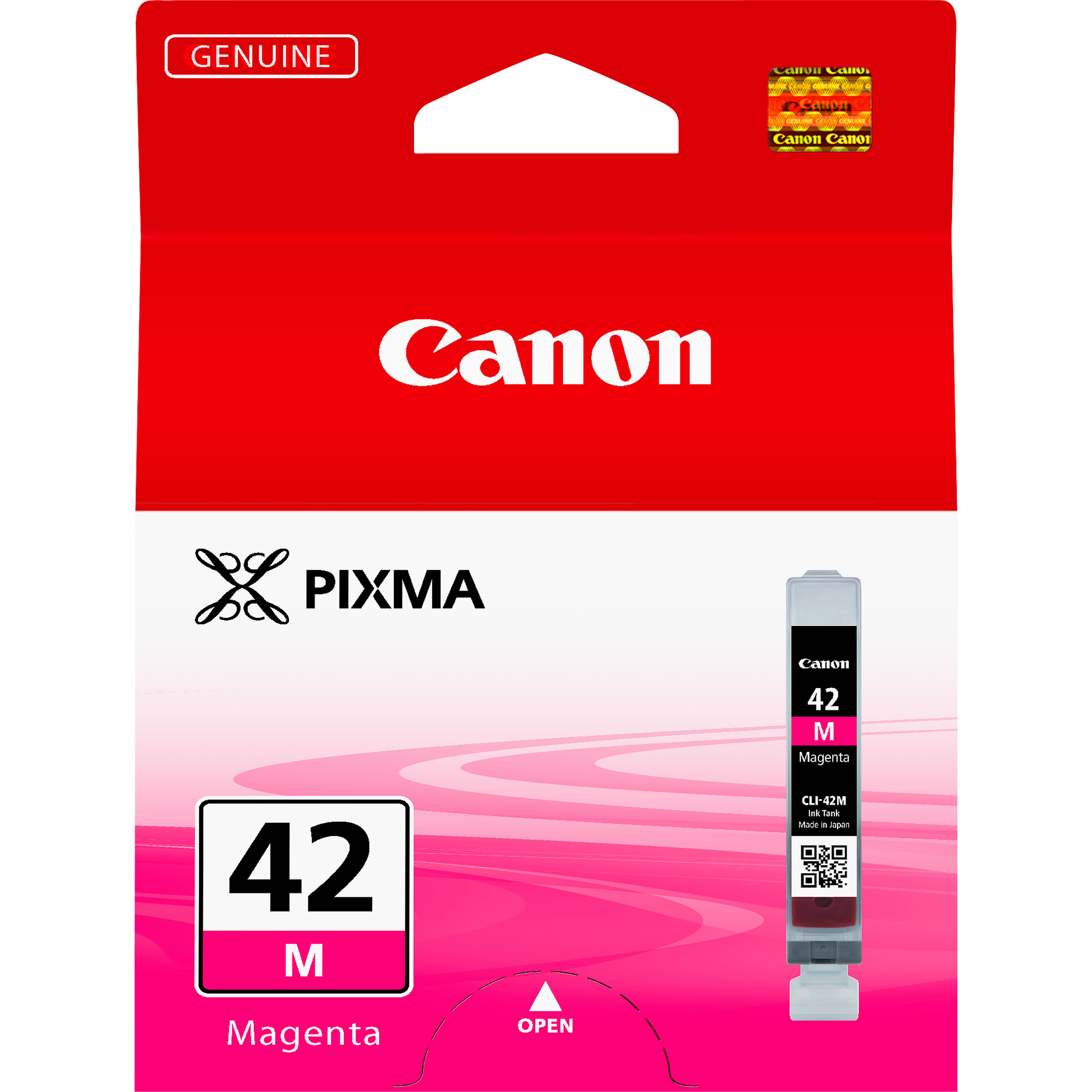 Canon Tintenpatrone, rote und rosa Verpackung. Text enthält 'Canon', '42 M Magenta' und 'Original'.