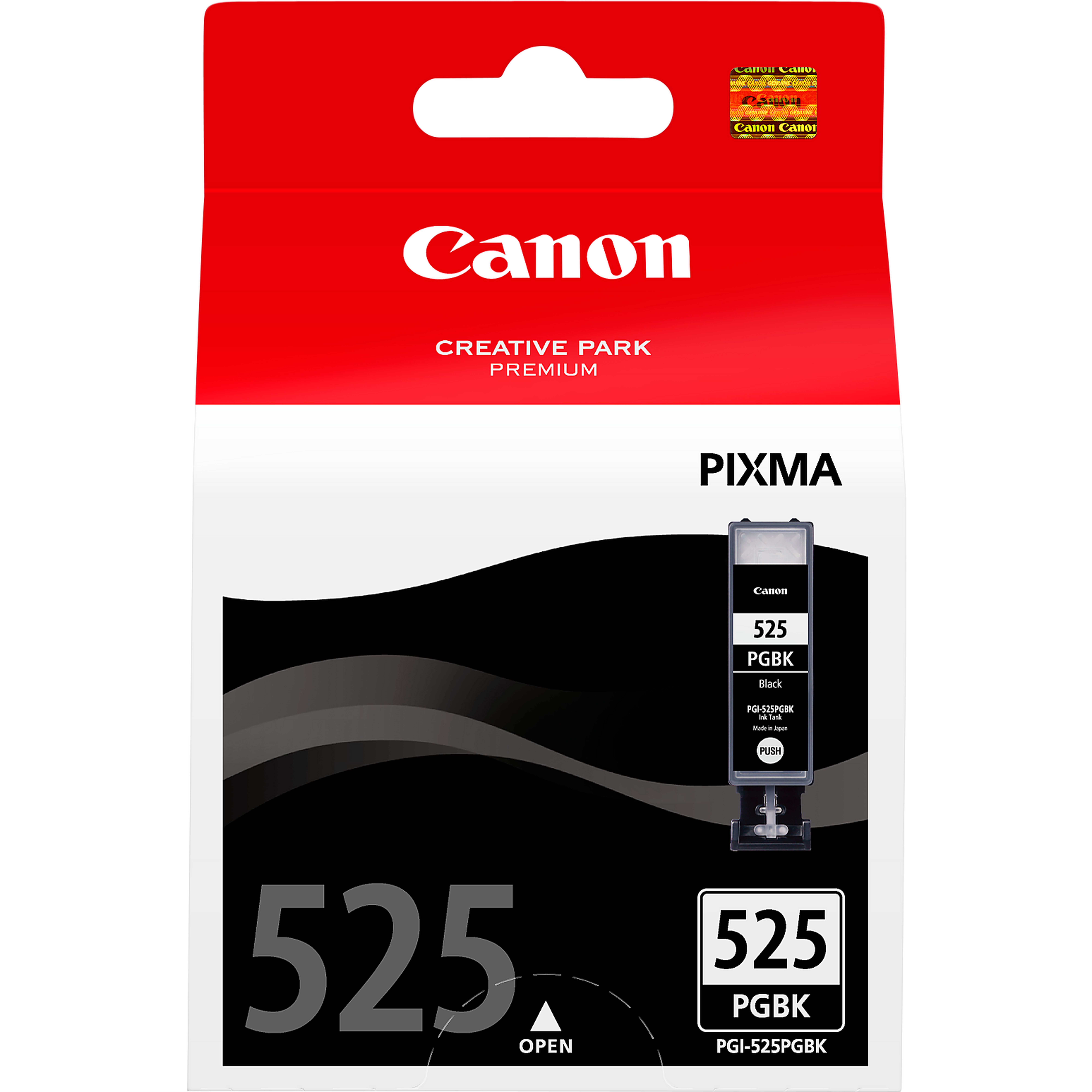 Canon Tintenpatronen-Verpackung, roter Deckel, schwarzer Boden. Schwarze Tintenpatrone.
