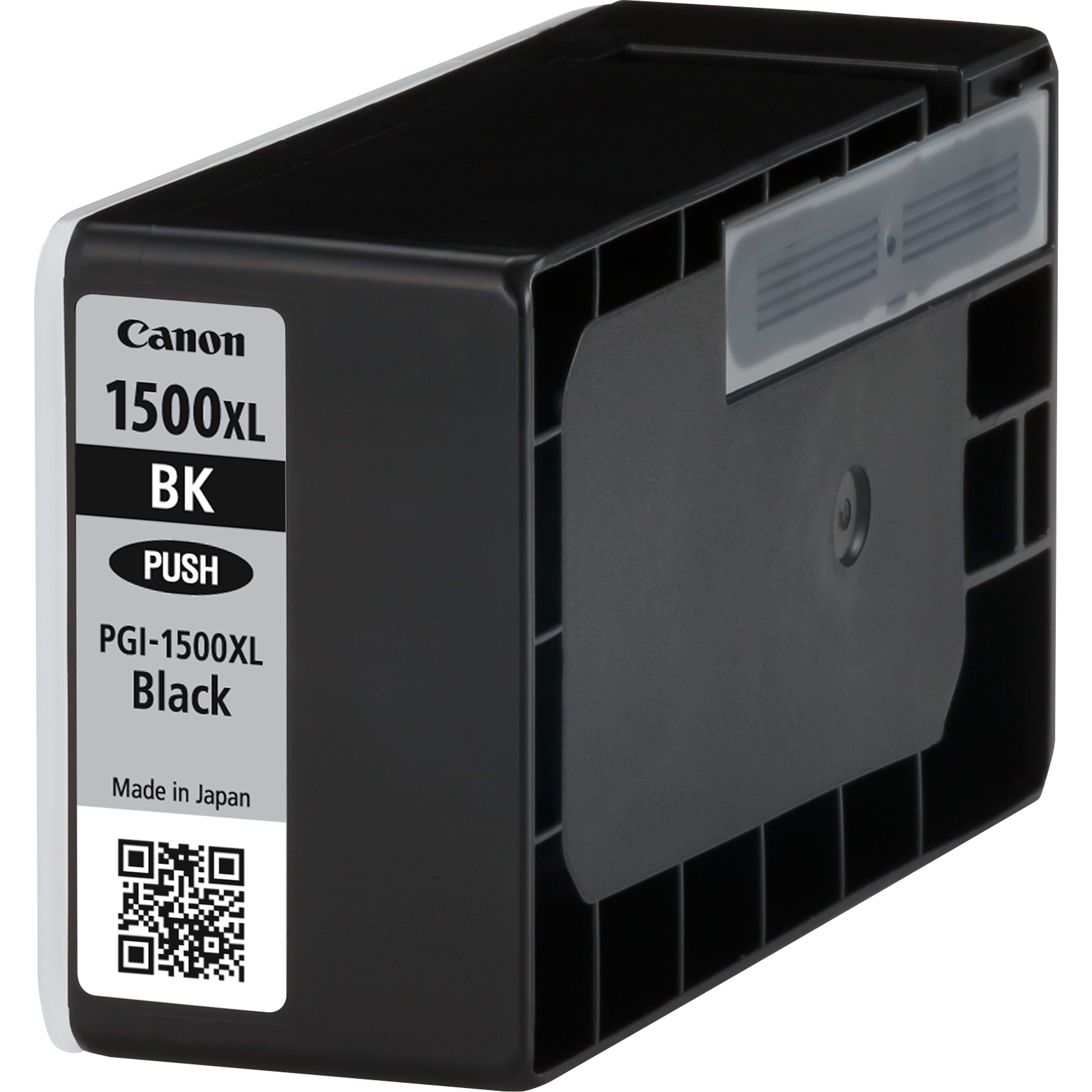 Schwarze Canon 1500XL BK Tintenpatrone mit Etikett. Hergestellt in Japan. QR-Code vorhanden. Push-Taste.