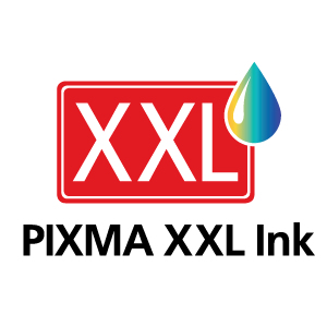 XXL PIXMA Tintenlogo mit rotem rechteckigem Rahmen und einem Tintenklecks.