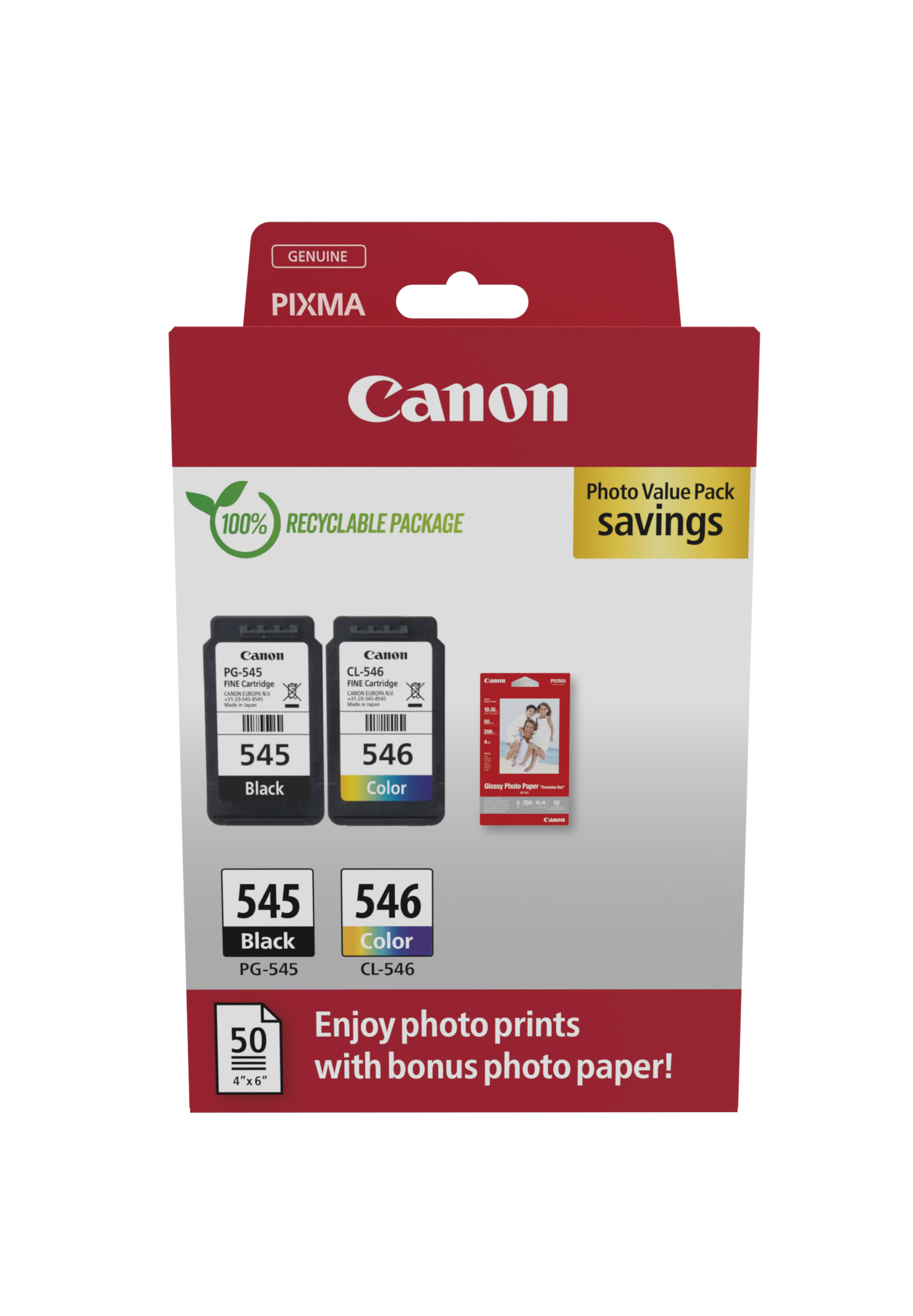 Pack de cartouches d'encre Canon. Comprend des cartouches noir, couleur et du papier photo. Étiquette Économies Photo Value Pack.