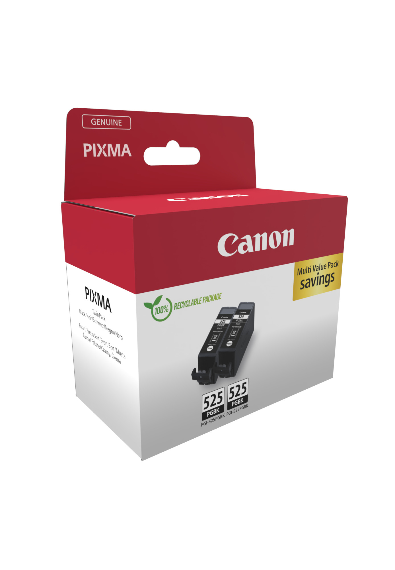 Canon PIXMA Twin Pack Tintenpatronen. Zwei schwarze Tintenpatronen in einer rot-weißen Box. Multi Value Pack Savings.