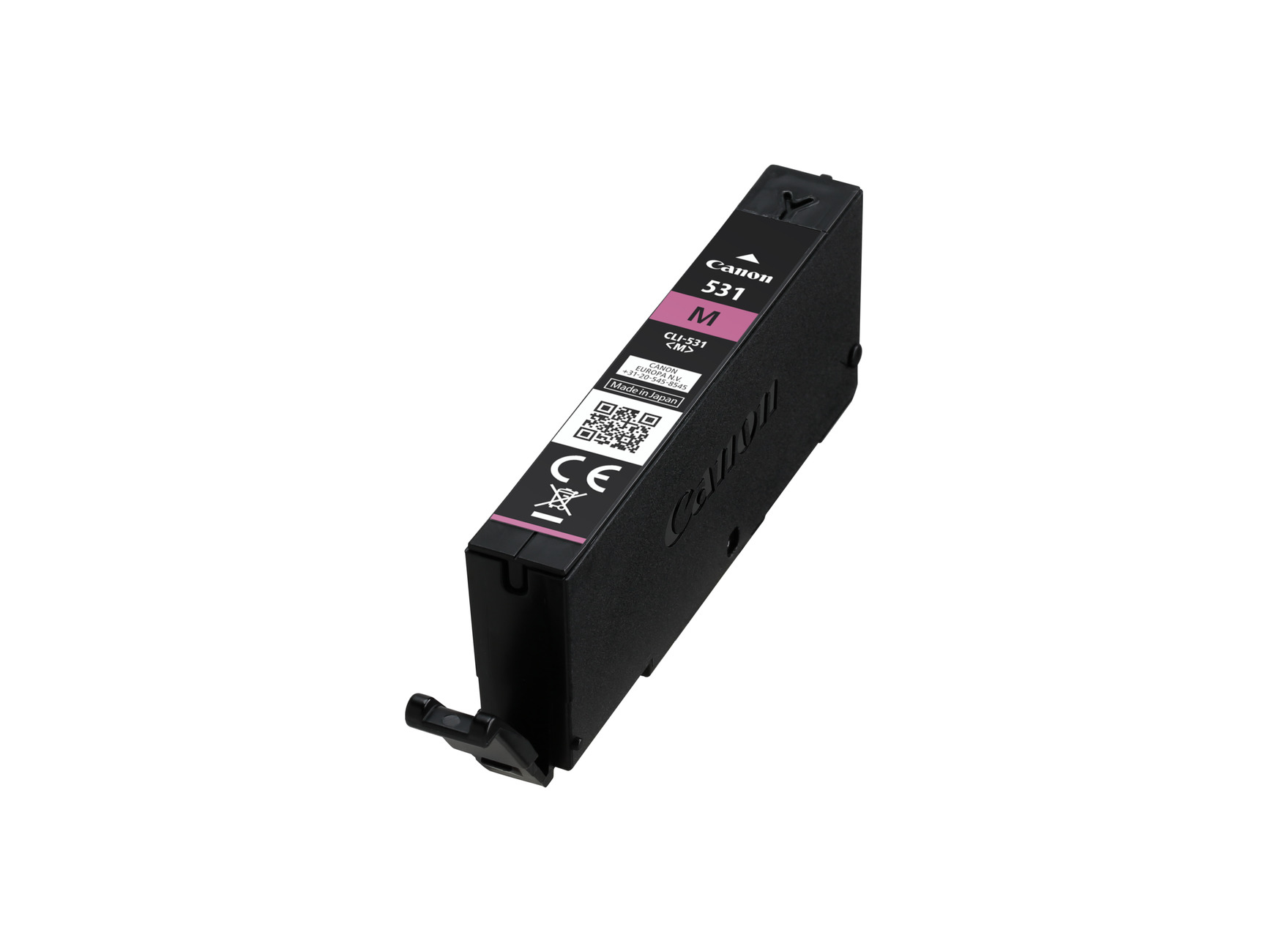 Canon CLI-531 M magenta Tintenpatrone, schräge Ansicht, auf weißem Hintergrund.