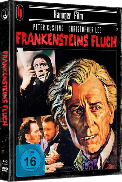 DVD-Cover, Frankensteins Fluch. Schauspieler Peter Cushing und Christopher Lee. Schwarzes und rotes Design.