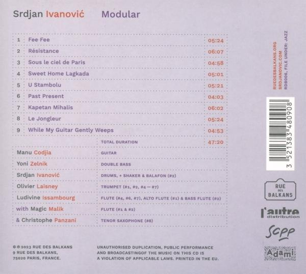 CD-Rückseite: Titel, Trackliste, Musiker, Instrumente und Laufzeit. Barcode.