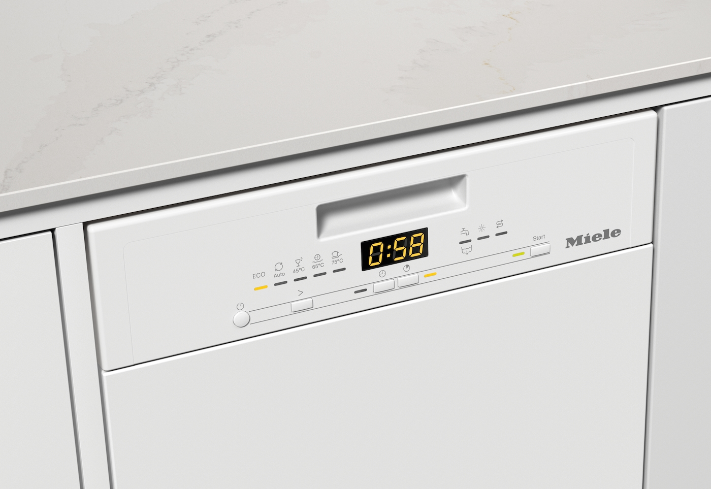 Ein weißes Geschirrspüler-Bedienfeld mit Digitalanzeige, die einen Timer zeigt.