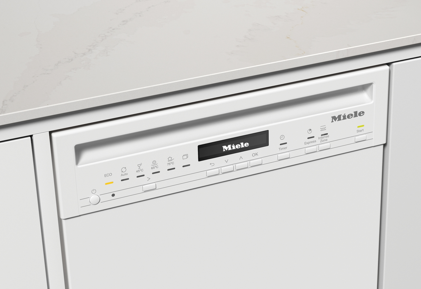 Ein Bedienfeld eines Geschirrspülers mit Miele-Logo.